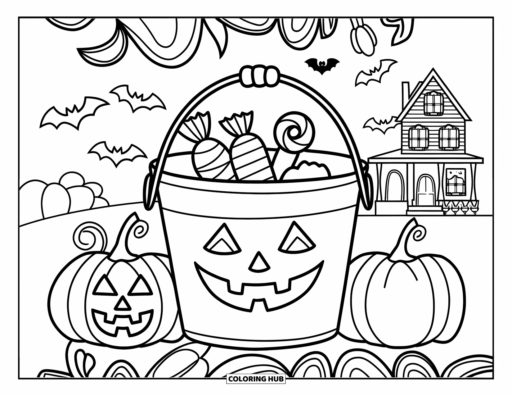 Preppy Halloween Coloring Page for Adults: Candy bucket with bow, surrounded by pumpkins and a spooky house in mandala swirls