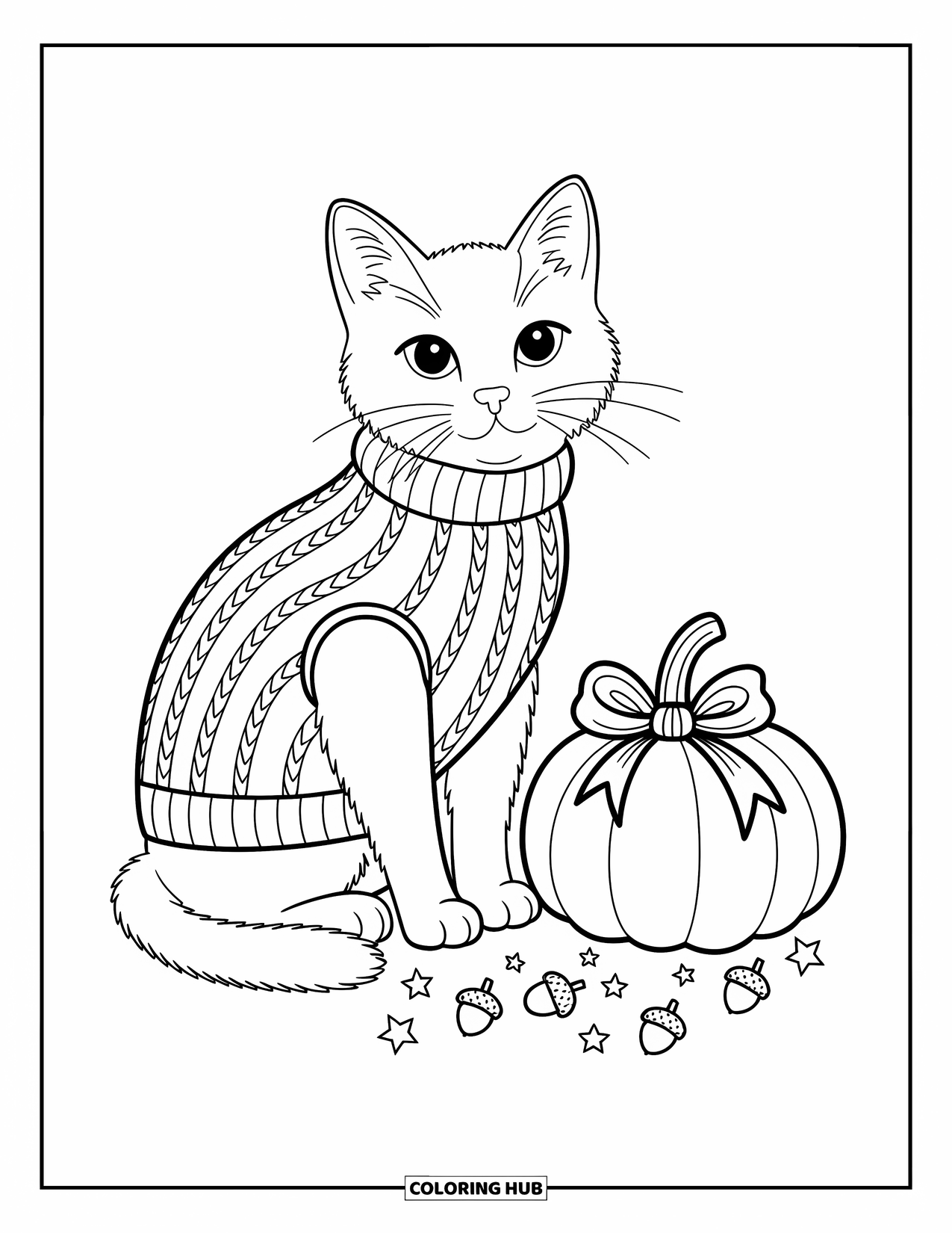 Preppy Halloween Coloring Page for Adults: Cat wearing a cable-knit sweater beside a bow-tied pumpkin and scattered autumn acorns
