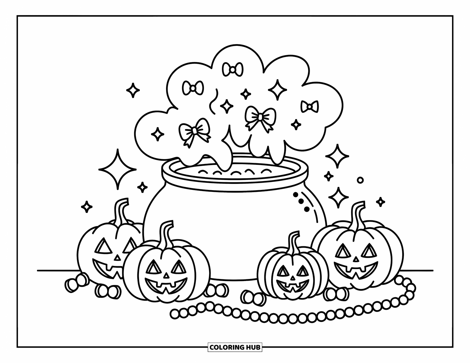 Preppy Halloween Coloring Page for Adults: Cute cauldron with smoke shaped like bows and stars, surrounded by Halloween treats