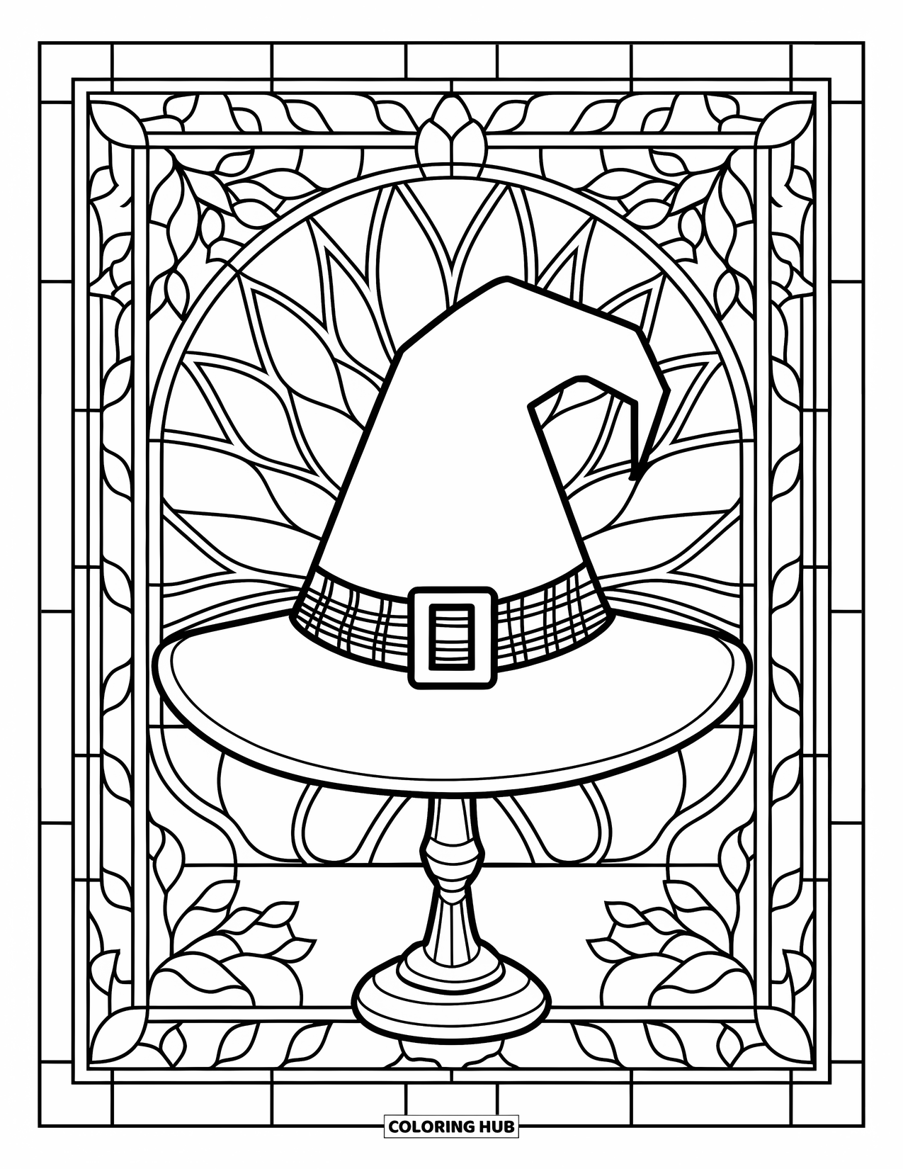 Preppy Halloween Coloring Page for Adults: Plaid-ribbon witch hat on a wooden stand surrounded by leafy stained glass patterns