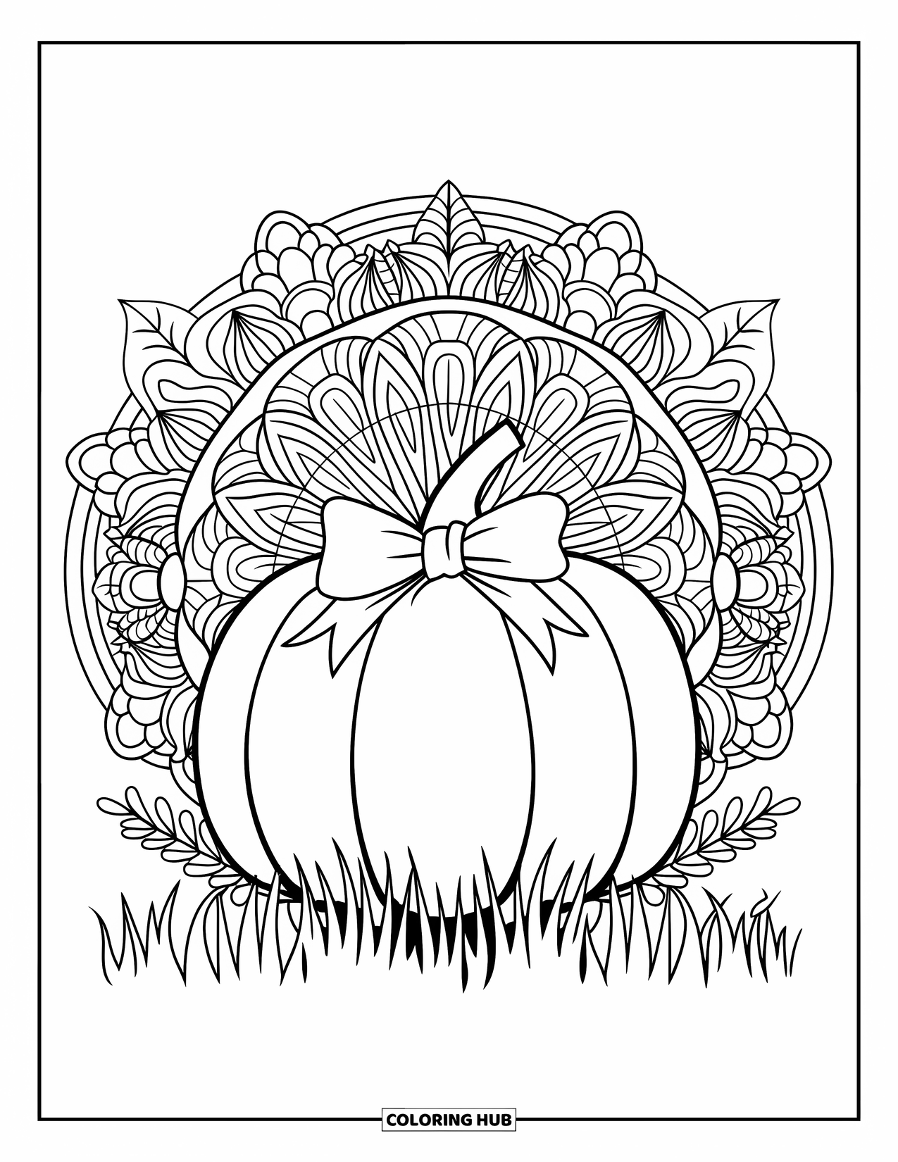 Preppy Halloween Coloring Page for Adults: Pumpkin wearing a bow sits in a flower-filled field wrapped in a leafy mandala ring