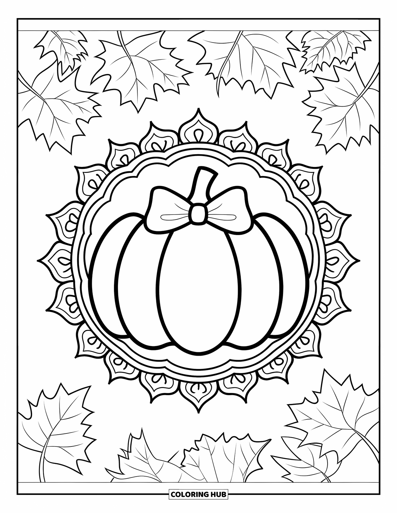 Preppy Halloween Coloring Page for Adults: Pumpkin with a bow and floral mandala surrounded by swirling autumn leaves