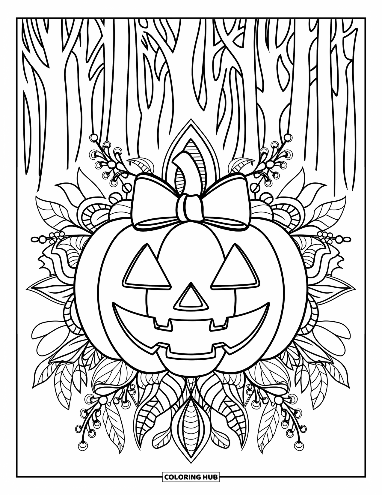 Preppy Halloween Coloring Page for Adults: Pumpkin with a bow on top, framed by a leafy mandala and tall forest trees