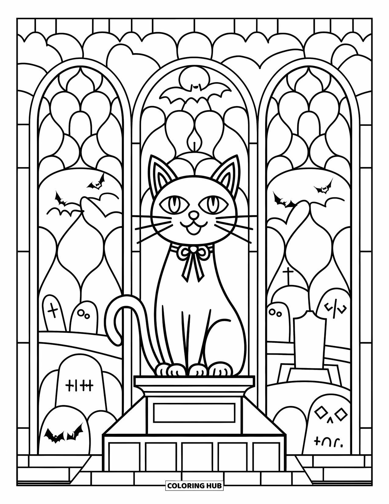 Preppy Halloween Coloring Page for Adults: Ribboned cat on a pedestal, framed by arches and tombstones in a spooky graveyard