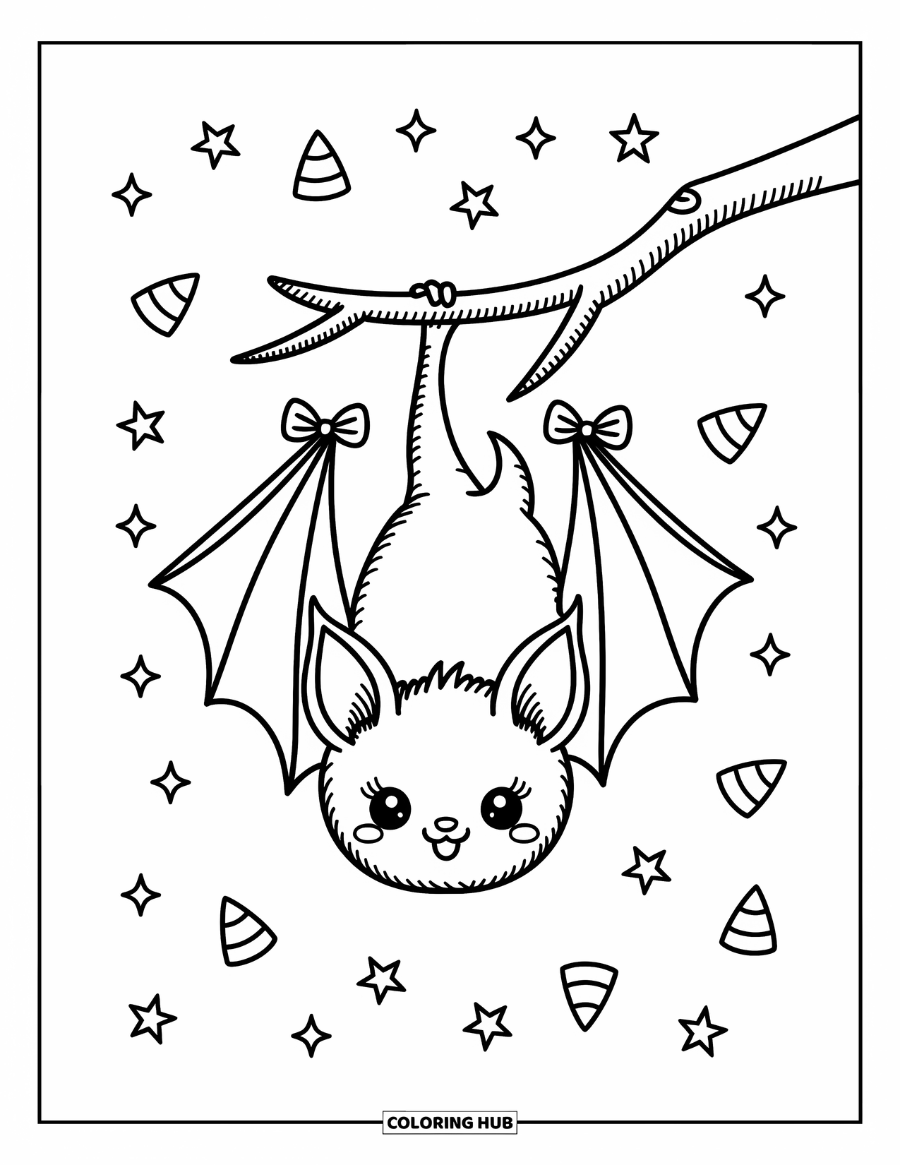 Preppy Halloween Coloring Page for Adults: Whimsical bat hanging with little bows on wings and surrounded by stars and candy