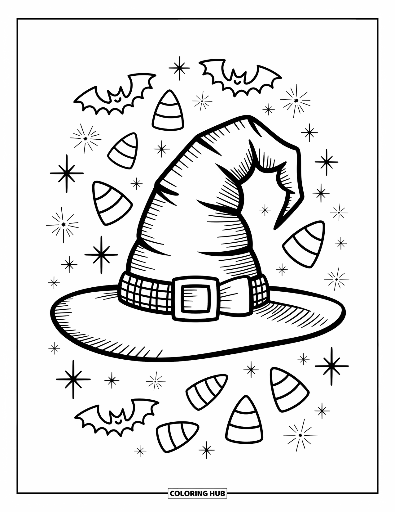 Preppy Halloween Coloring Page for Adults: Witch hat with a bow and plaid band surrounded by candy and tiny bats