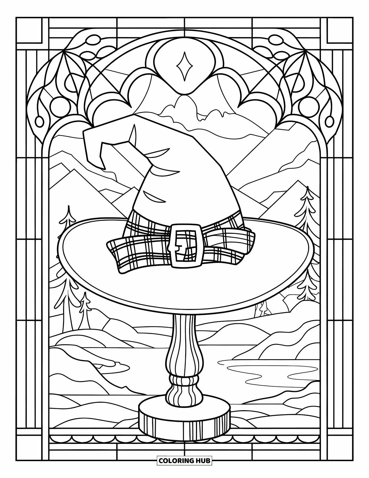 Preppy Halloween Coloring Page for Adults: Witch hat with plaid ribbons on a stand, framed by mountains, trees, and stained glass