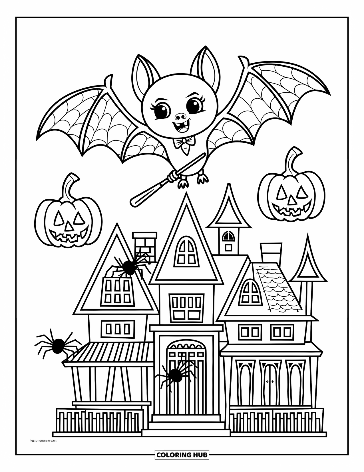 Preppy Halloween Coloring Page for Kids: Bat with a wand soars above pumpkins and a haunted mansion's spooky front