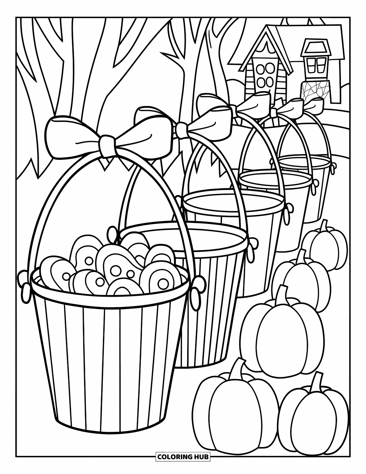 Preppy Halloween Coloring Page for Kids: Bow-tied trick-or-treat buckets stand in a row with pumpkins behind