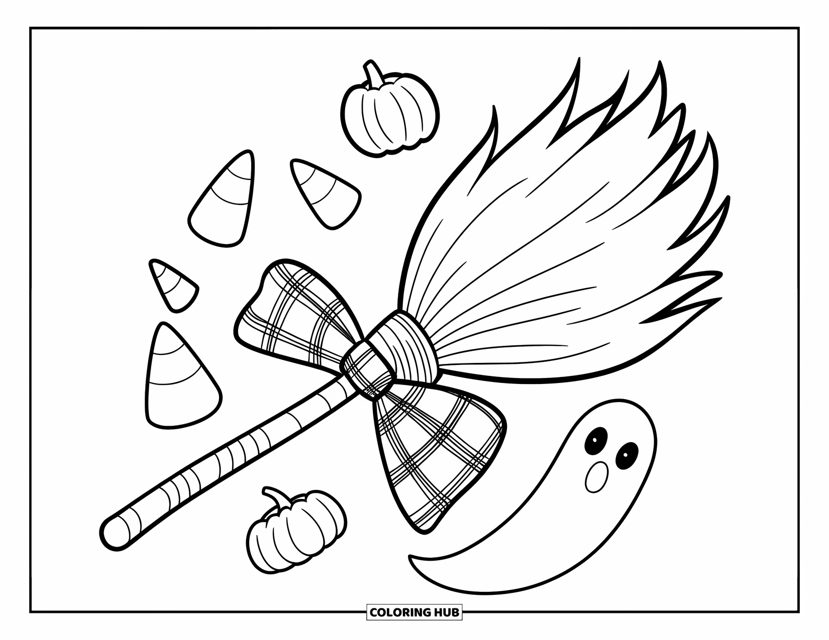 Preppy Halloween Coloring Page for Kids: Broomstick with candy, pumpkins, and a ghost floats in the air with style