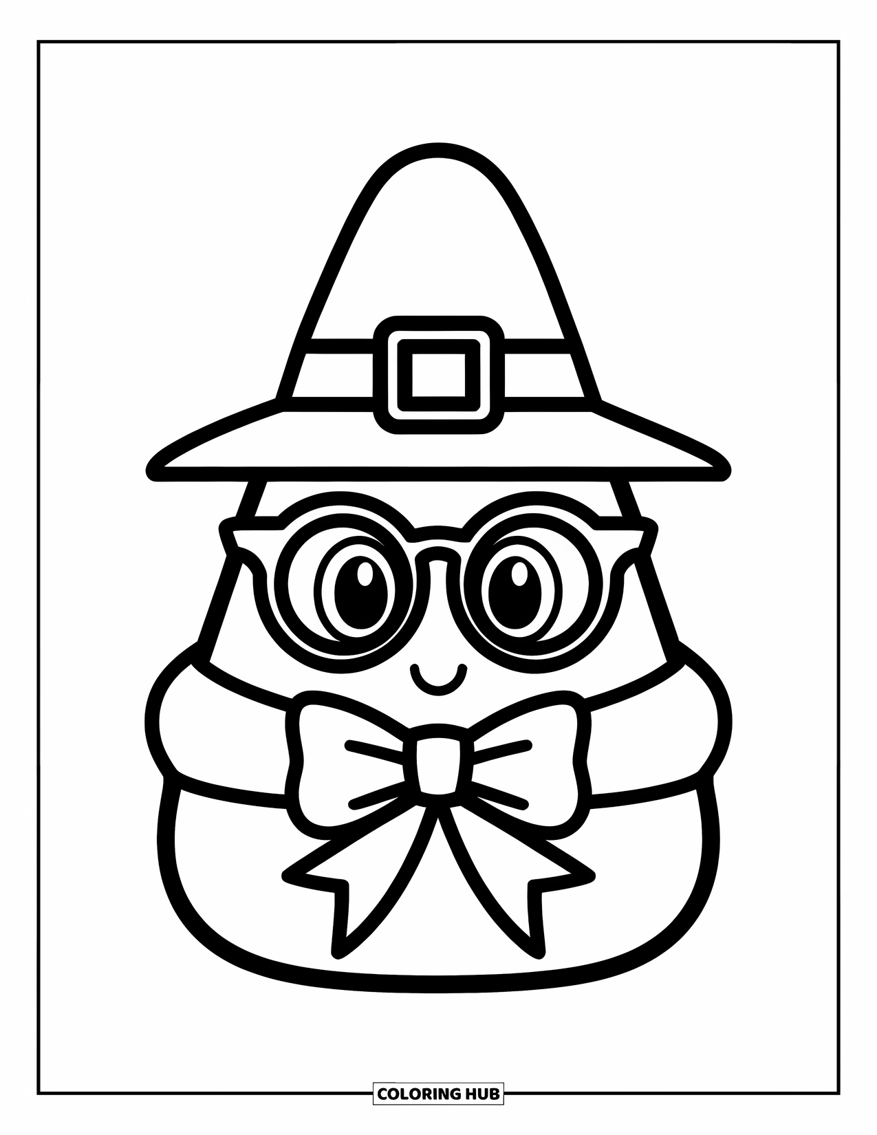 Preppy Halloween Coloring Page for Kids: Candy corn in a pilgrim hat and glasses smiles on a whiteboard backdrop