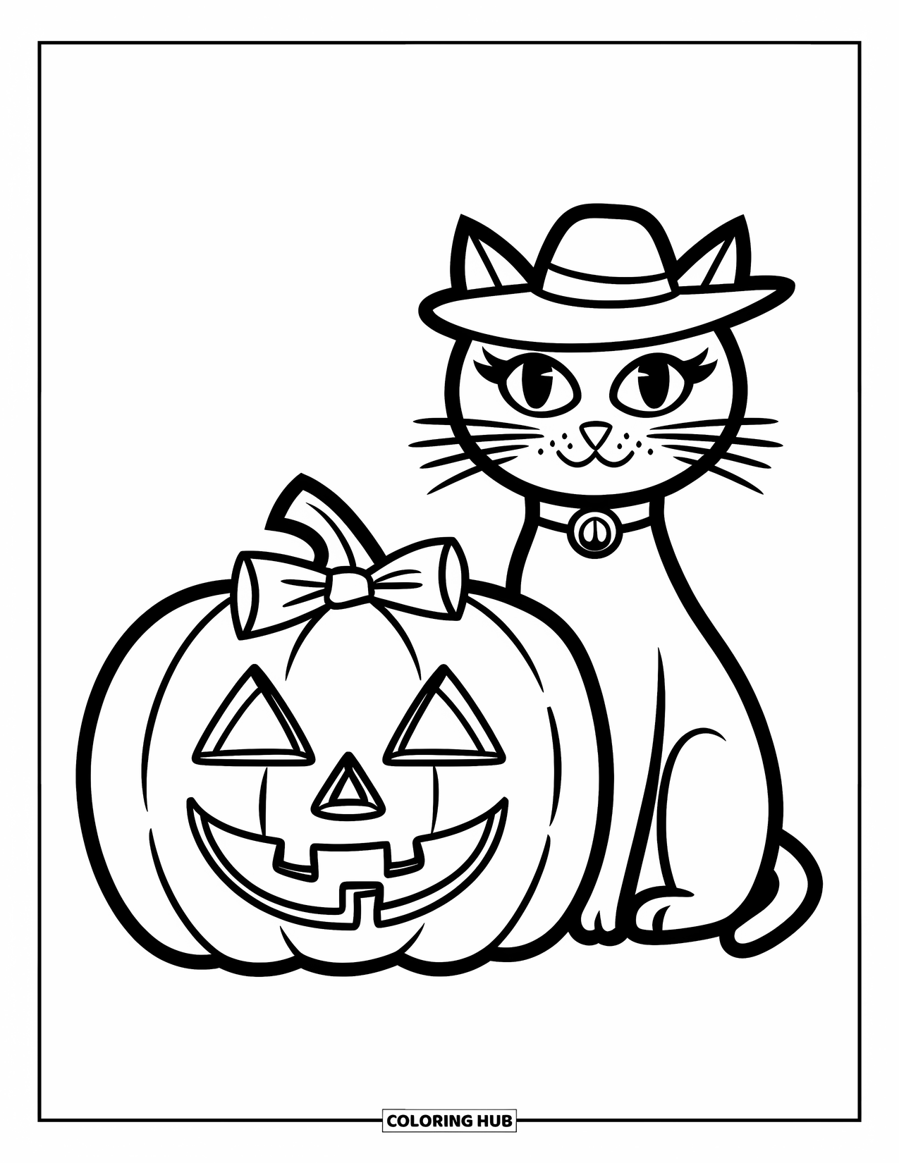 Preppy Halloween Coloring Page for Kids: Cat in a hat sits beside a jack-o'-lantern with a ribbon bow