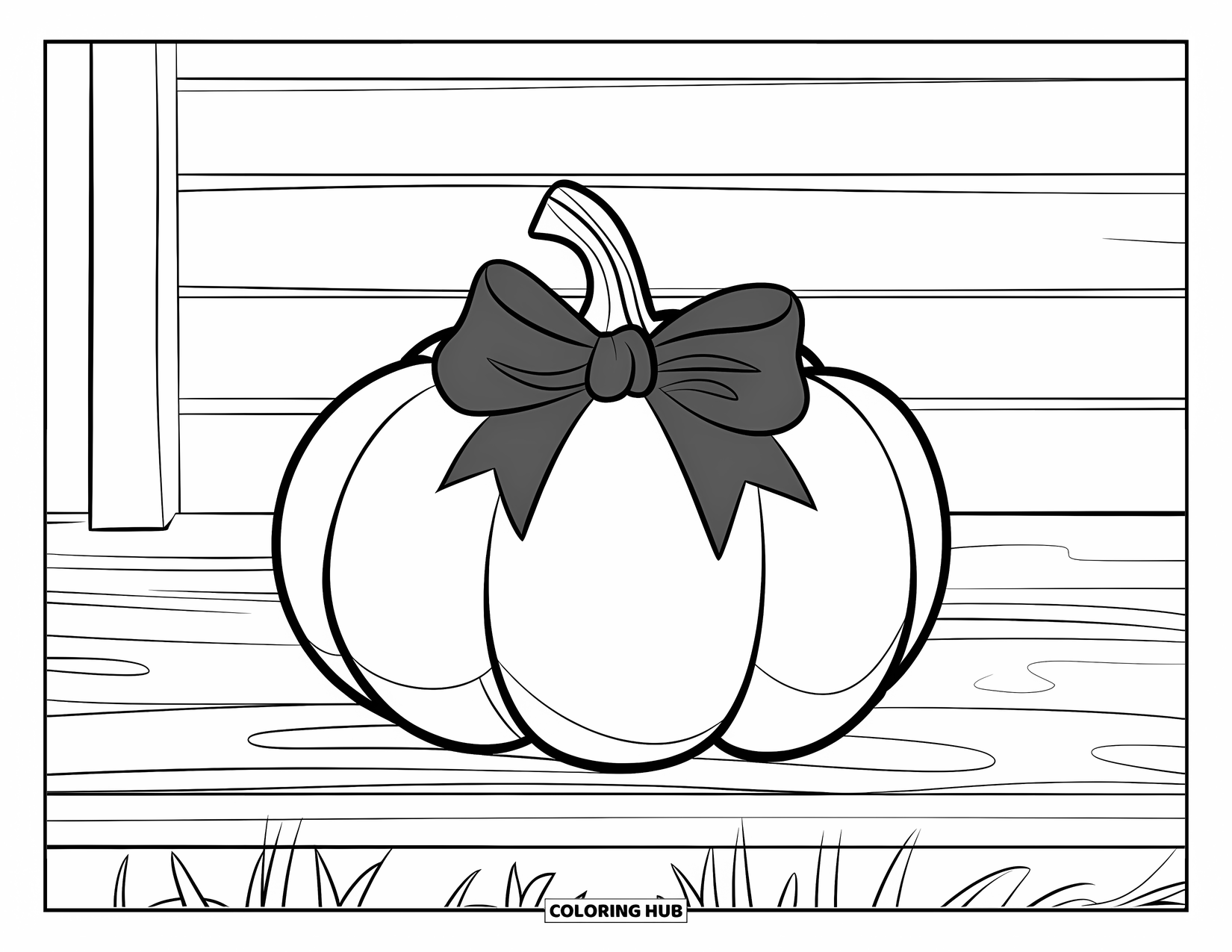 Preppy Halloween Coloring Page for Kids: Cute pumpkin with a ribbon rests on a wooden porch in front of a wall