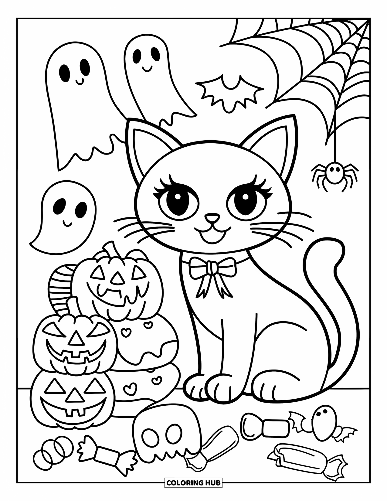 Preppy Halloween Coloring Page for Kids: Dressed-up cat rests beside Halloween treats and spooky little ghosts