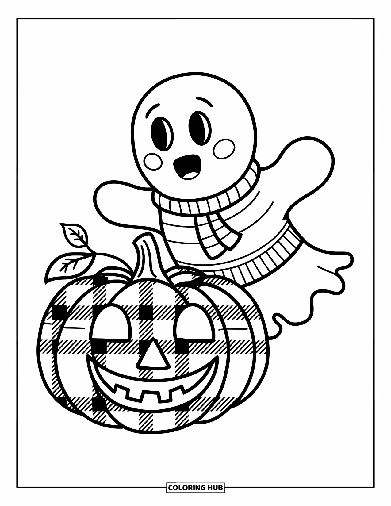 Preppy Halloween Coloring Page for Kids: Friendly ghost in a scarf hovers near a smiling plaid pumpkin on white
