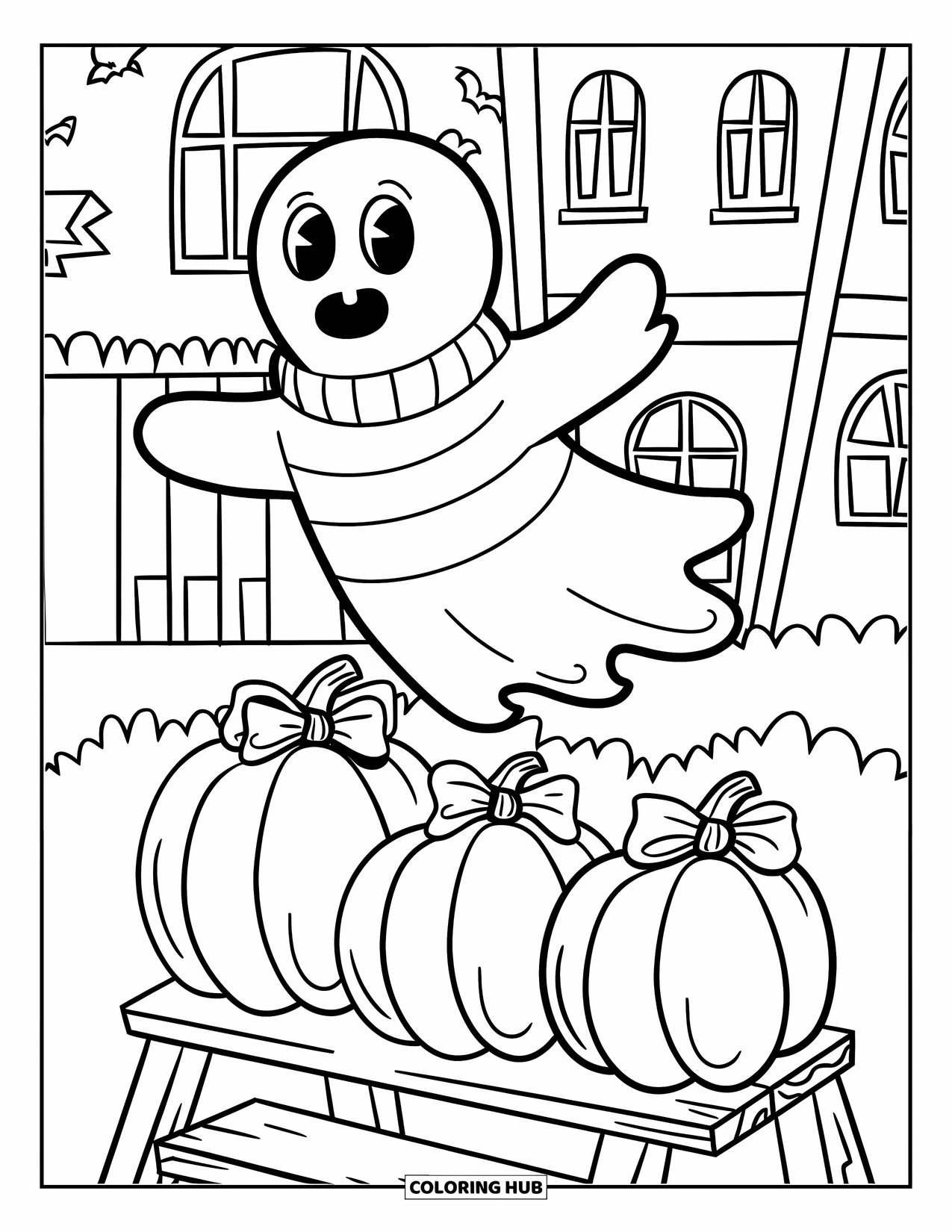 Preppy Halloween Coloring Page for Kids: Ghost floats above pumpkins with bows on a spooky wooden ladder scene