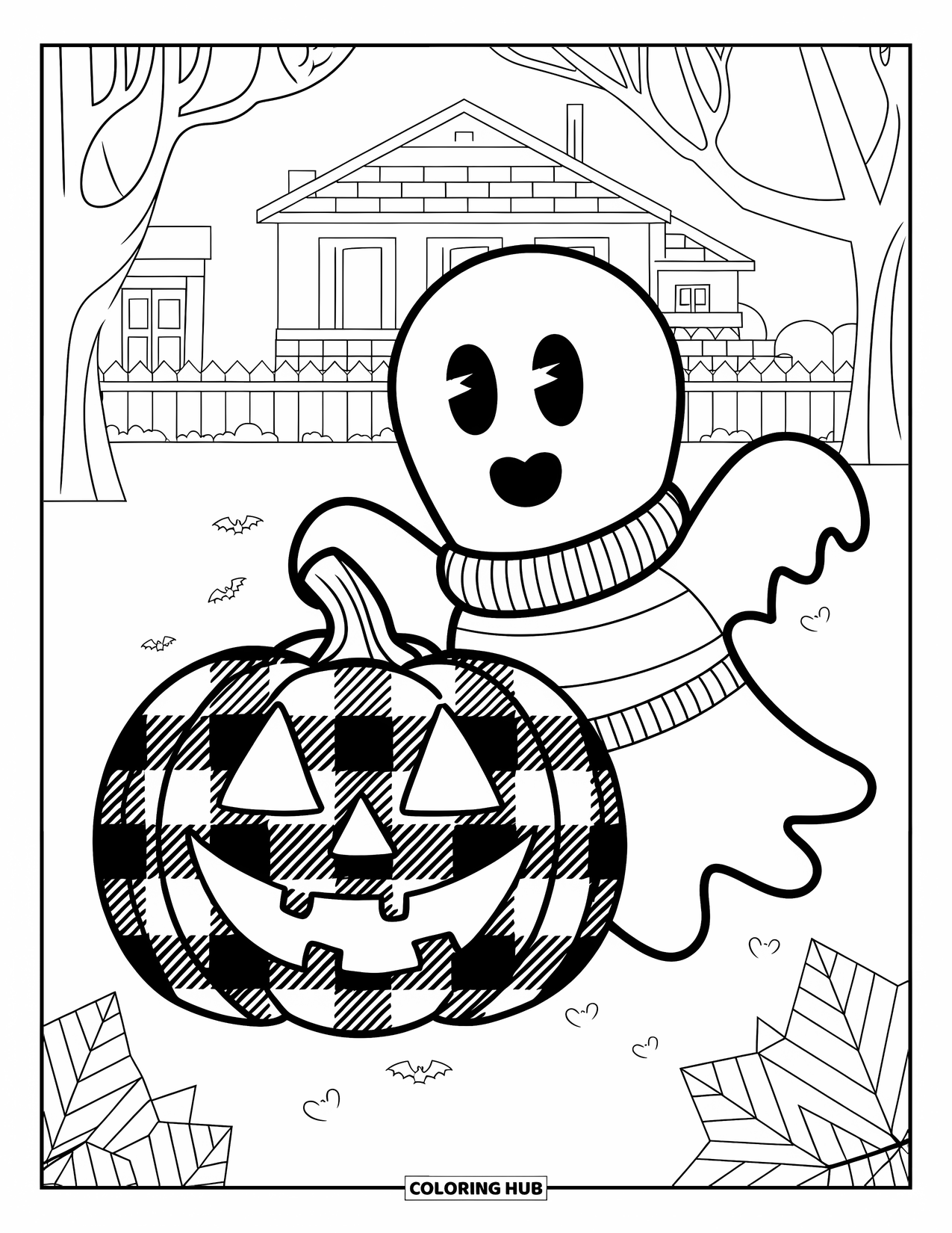 Preppy Halloween Coloring Page for Kids: Ghost floats beside a jack-o'-lantern and a house in a cozy Halloween scene