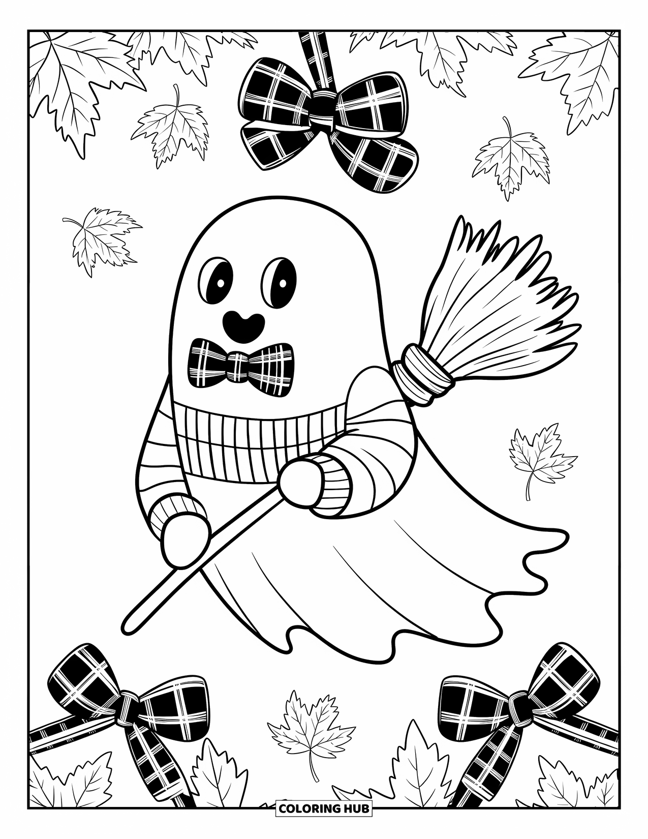 Preppy Halloween Coloring Page for Kids: Ghost in a plaid bow tie holds a broomstick among falling autumn leaves