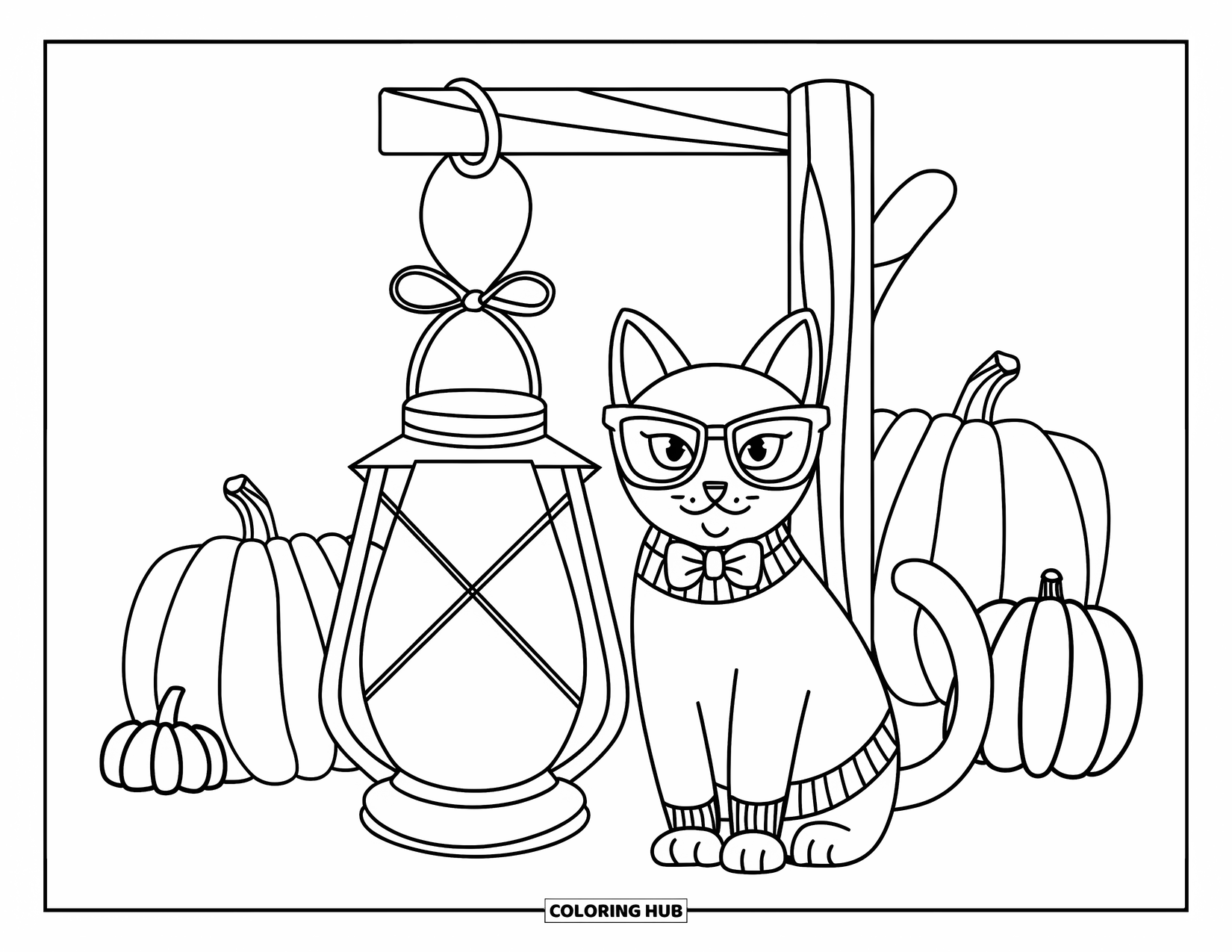 Preppy Halloween Coloring Page for Kids: Glasses-wearing cat in a sweater sits near a lantern and fall pumpkins