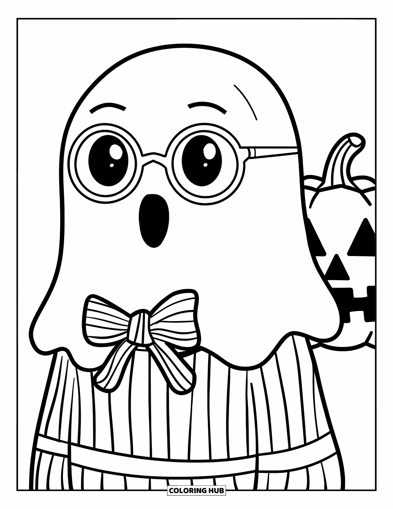Preppy Halloween Coloring Page for Kids: Glasses-wearing ghost in a striped sweater floats with a pumpkin behind