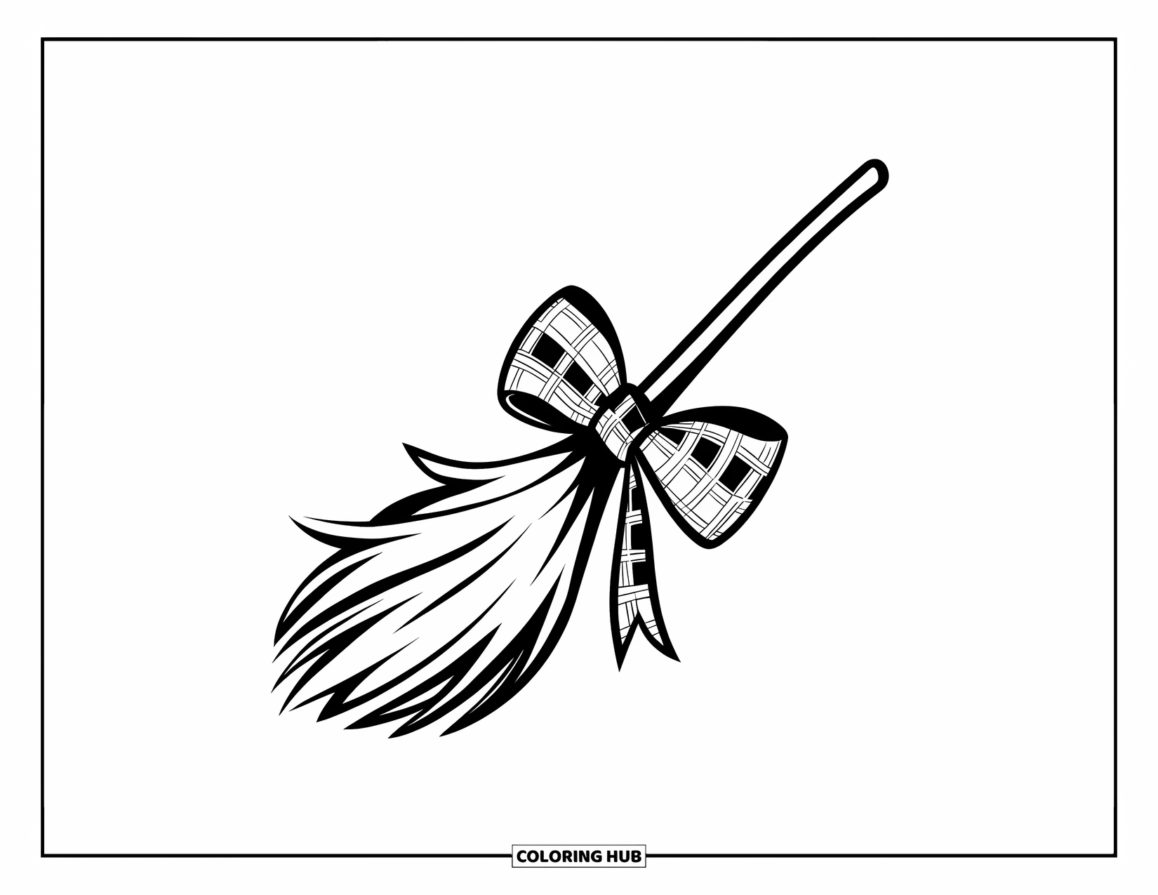 Preppy Halloween Coloring Page for Kids: Plaid bow decorates a floating broomstick in a fun Halloween scene