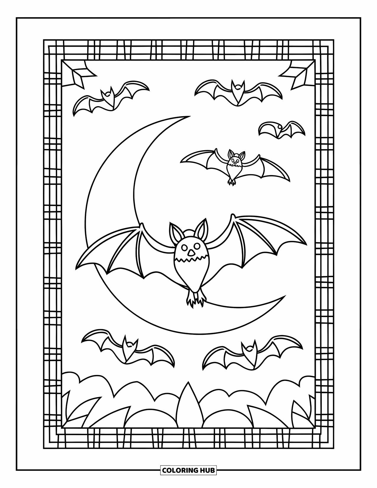 Preppy Halloween Coloring Page for Kids: Plaid-framed moon surrounds a bat in flight on a clean white page