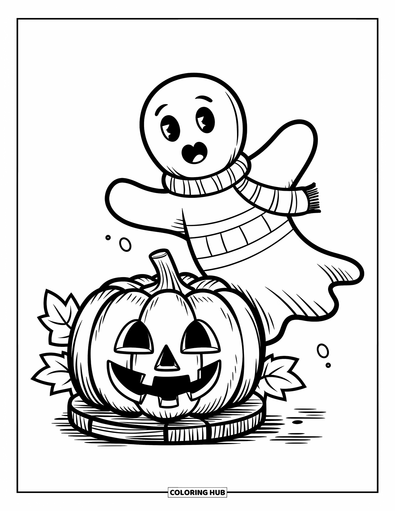 Preppy Halloween Coloring Page for Kids: Plaid pumpkin with a happy face sits near a floating ghost in a striped scarf