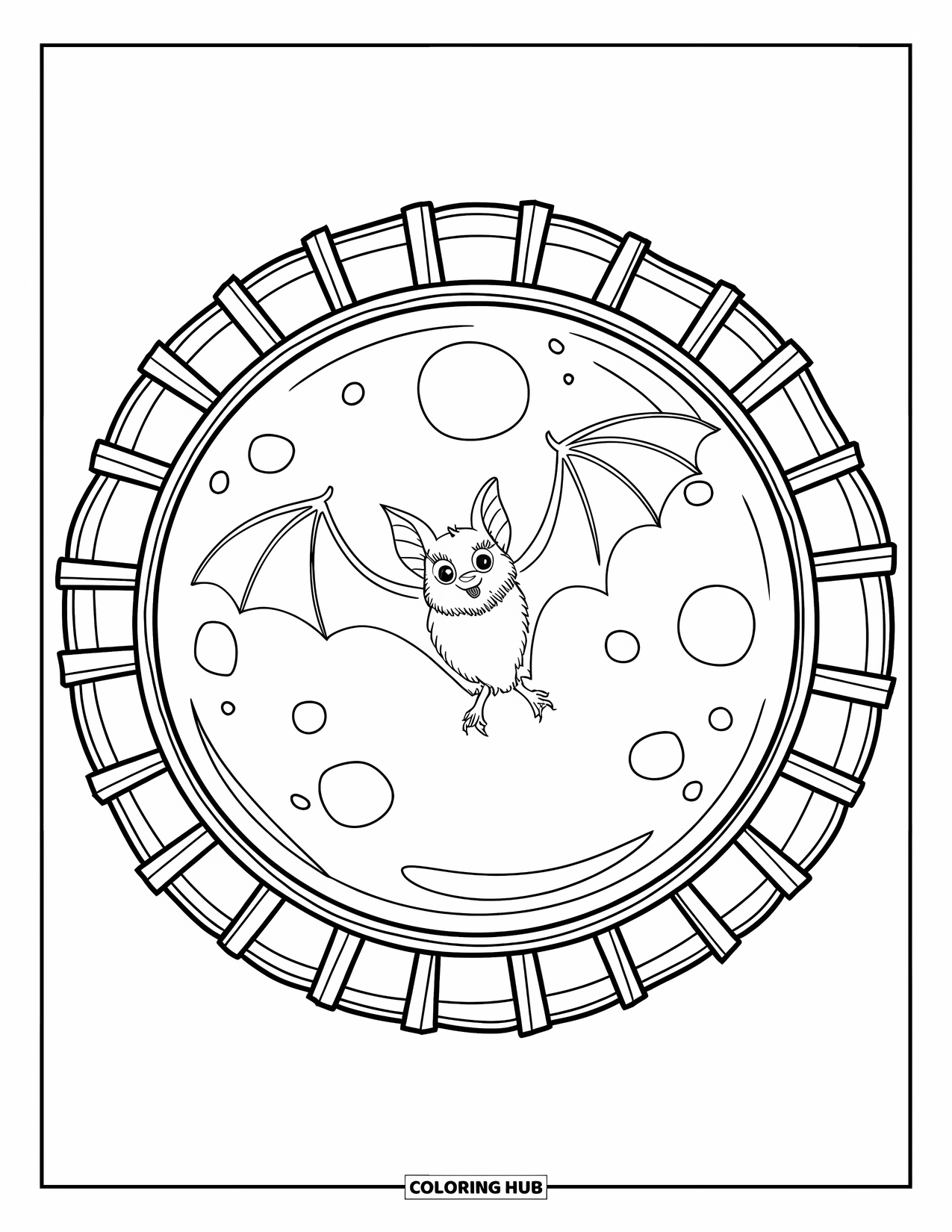 Preppy Halloween Coloring Page for Kids: Preppy bat glides across a full moon with plaid framing and a crisp style