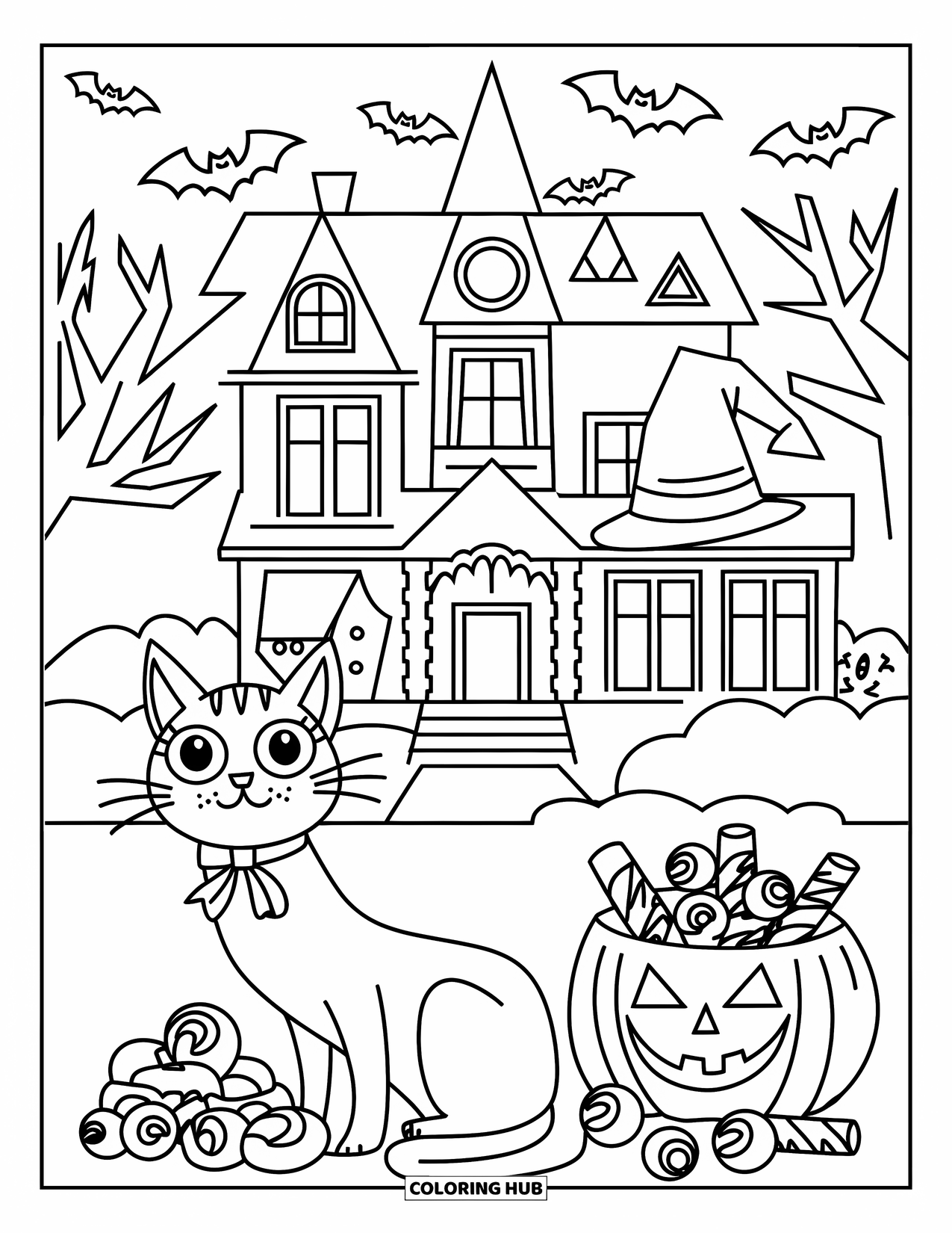 Preppy Halloween Coloring Page for Kids: Preppy cat with a ribbon sits by candy under a spooky haunted house