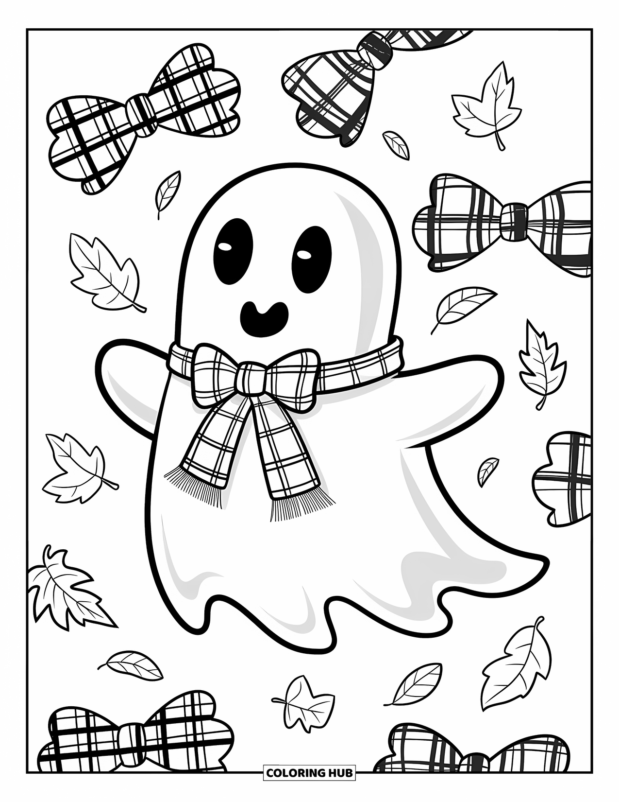 Preppy Halloween Coloring Page for Kids: Preppy ghost smiles in a scarf, surrounded by falling leaves and plaid bows