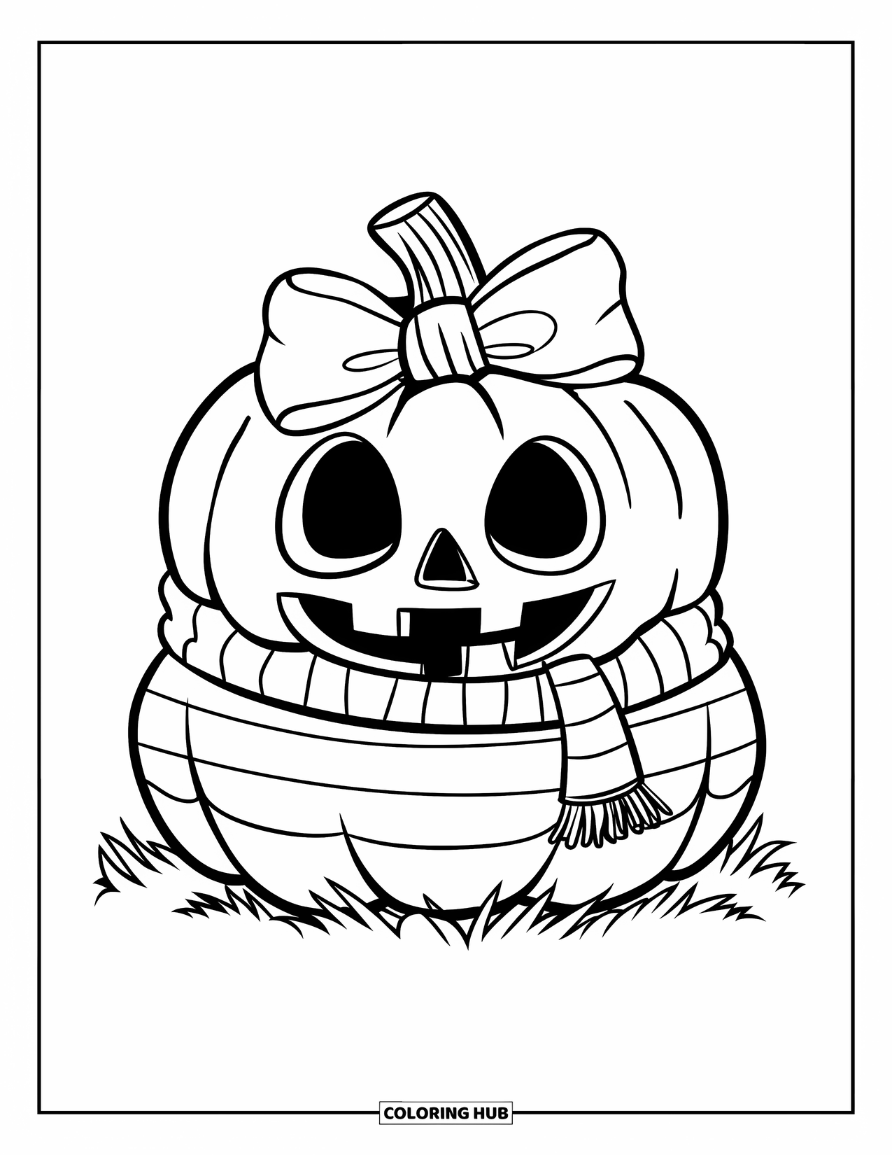 Preppy Halloween Coloring Page for Kids: Pumpkin in a striped shirt and scarf smiles sweetly on a grassy patch