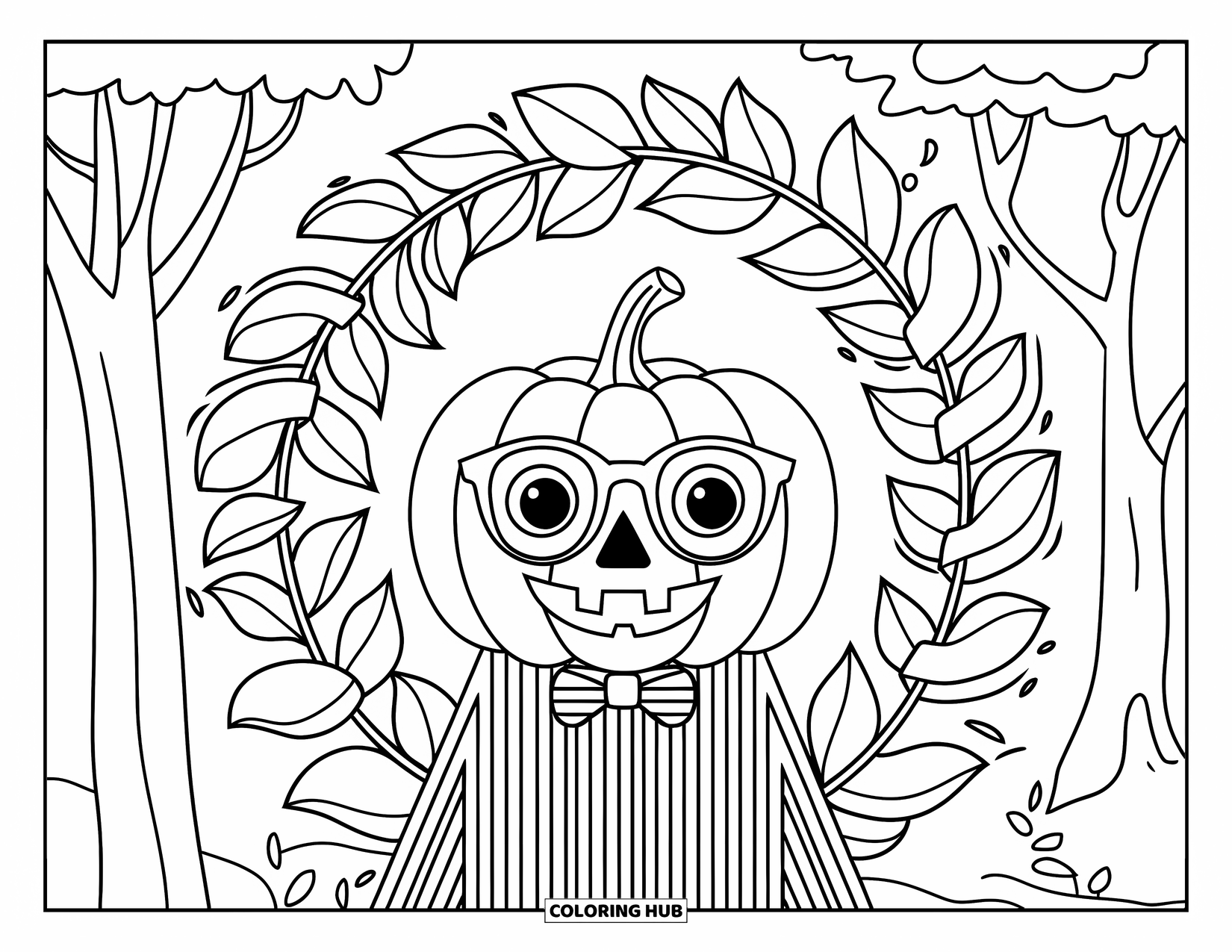 Preppy Halloween Coloring Page for Kids: Pumpkin in glasses and a bow tie smiles from a leafy wreath scene