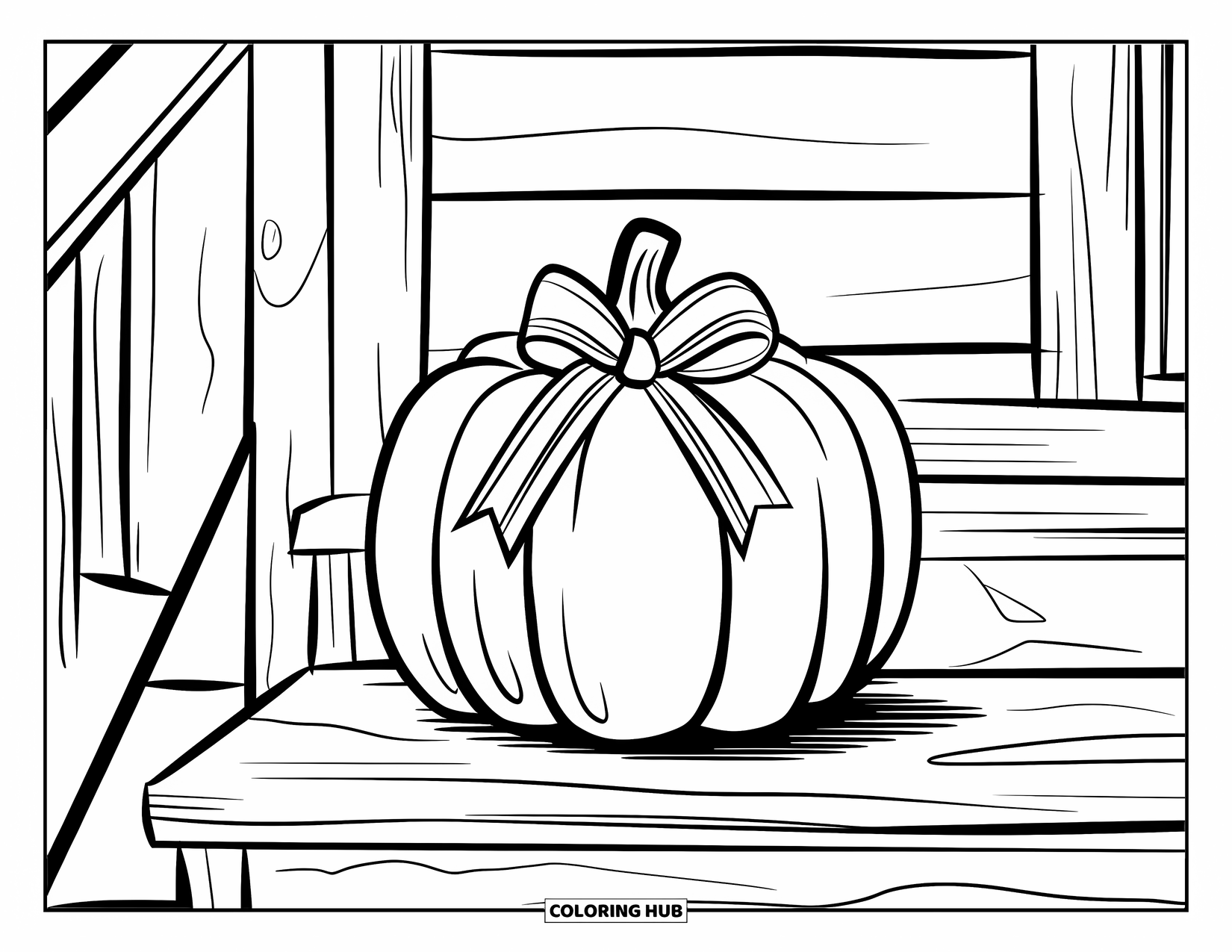 Preppy Halloween Coloring Page for Kids: Pumpkin with a bow perches quietly on a porch step beside a cracked wall