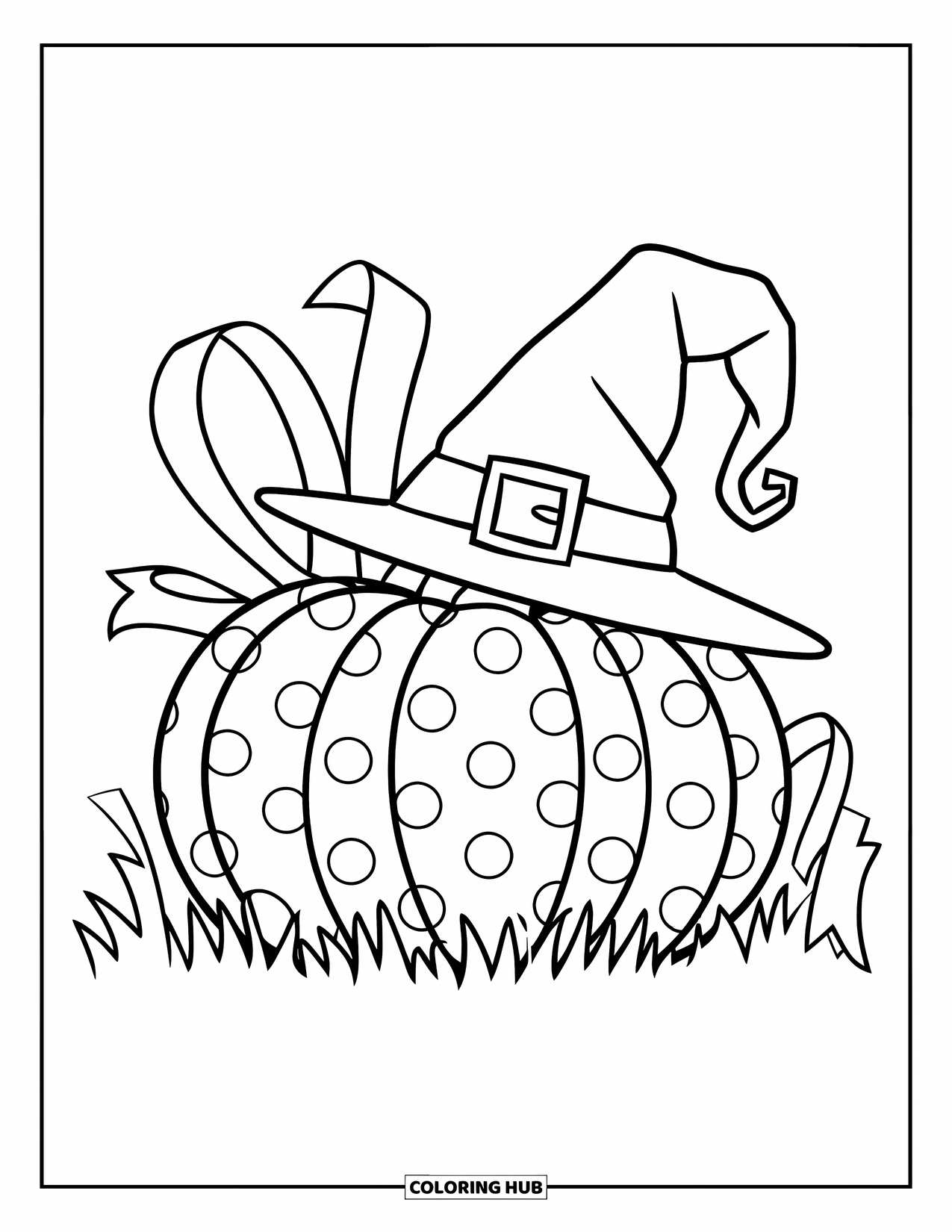 Preppy Halloween Coloring Page for Kids: Pumpkin with polka dots and a witch hat sits on grass with scattered leaves