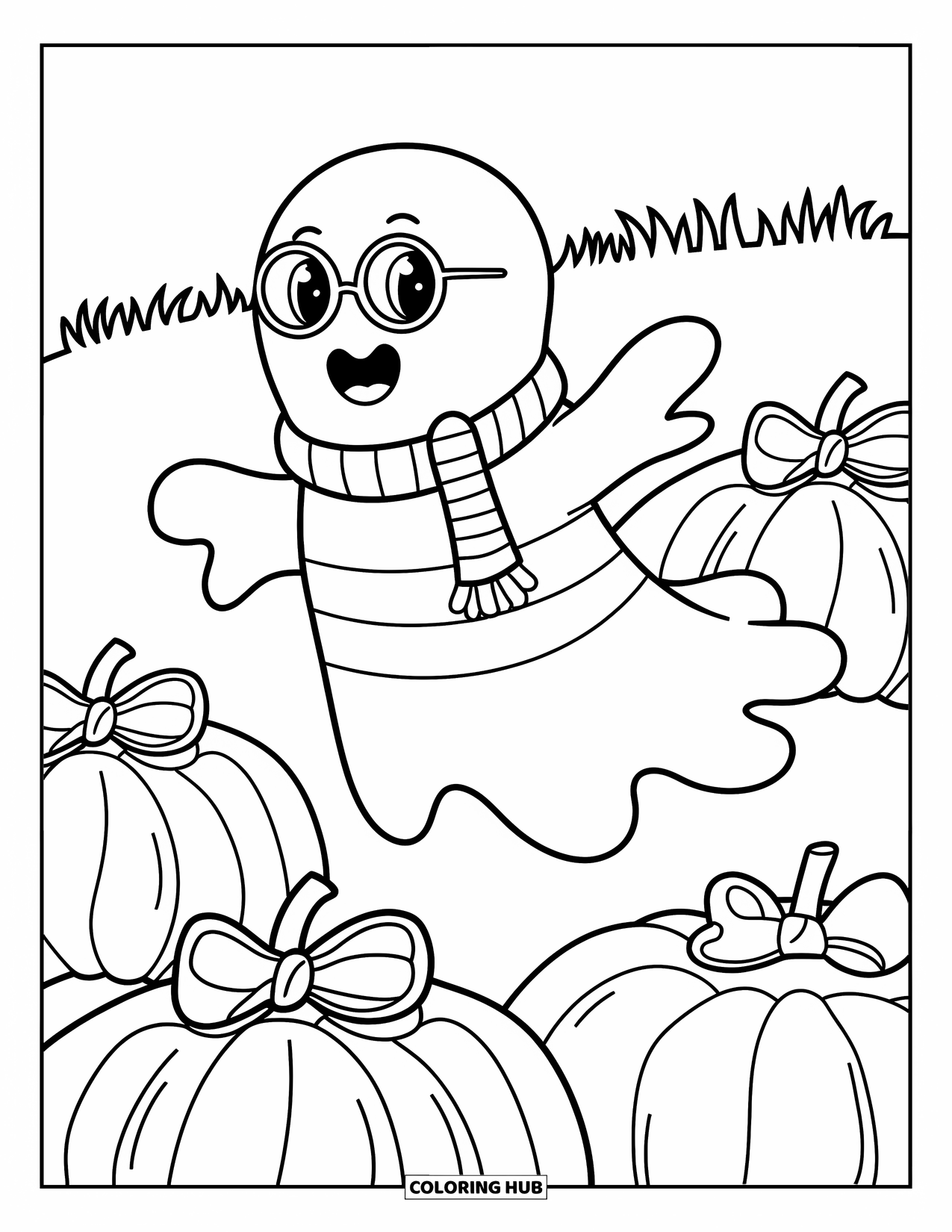 Preppy Halloween Coloring Page for Kids: Smiling ghost in a striped sweater hovers above pumpkins on a grassy field