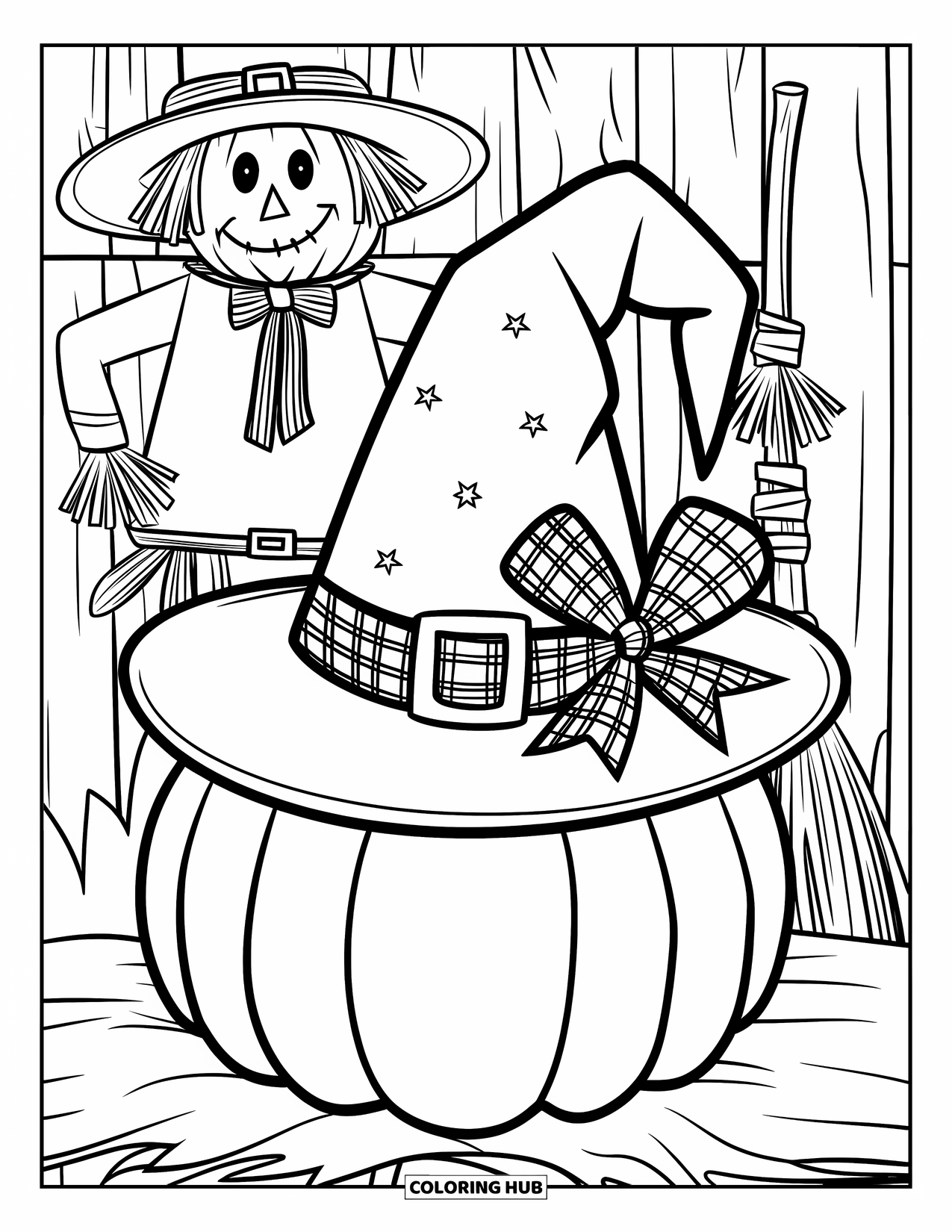 Preppy Halloween Coloring Page for Kids: Striped-hat scarecrow stands beside a decorated pumpkin in a cozy autumn scene