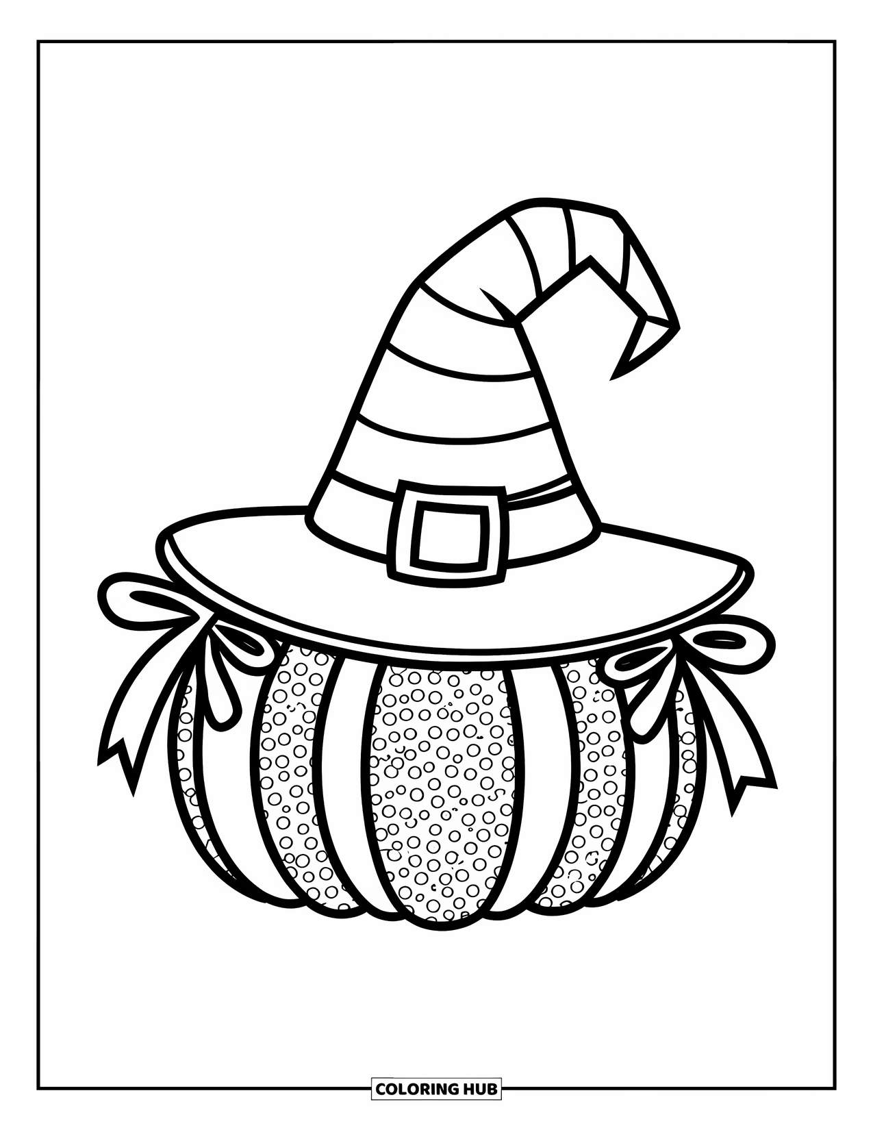 Preppy Halloween Coloring Page for Kids: Striped witch hat tops a spotted pumpkin tied with cute ribbons