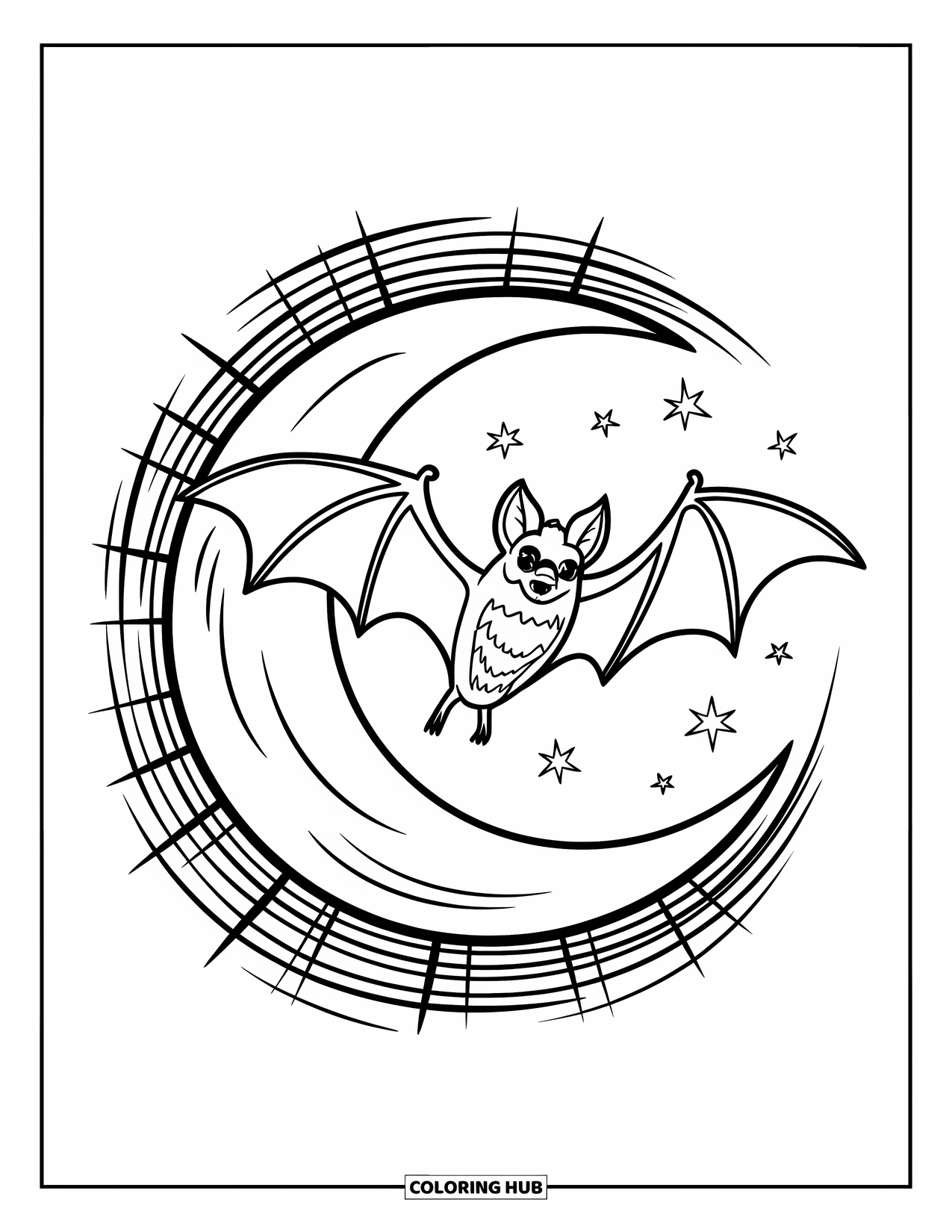 Preppy Halloween Coloring Page for Kids: Stylish bat flies across a plaid-trimmed moon on a bold and modern page