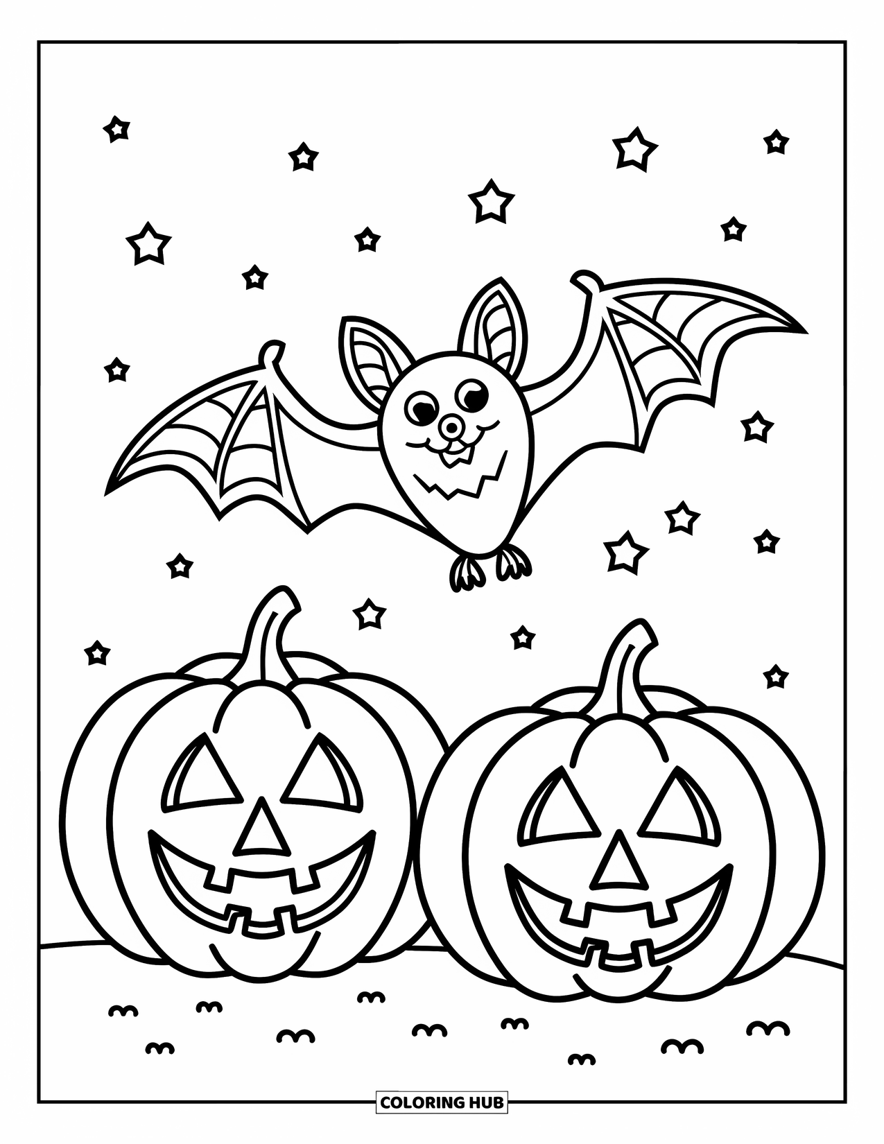 Preppy Halloween Coloring Page for Kids: Stylish bat with detailed wings soars above jack-o'-lanterns under a starry sky