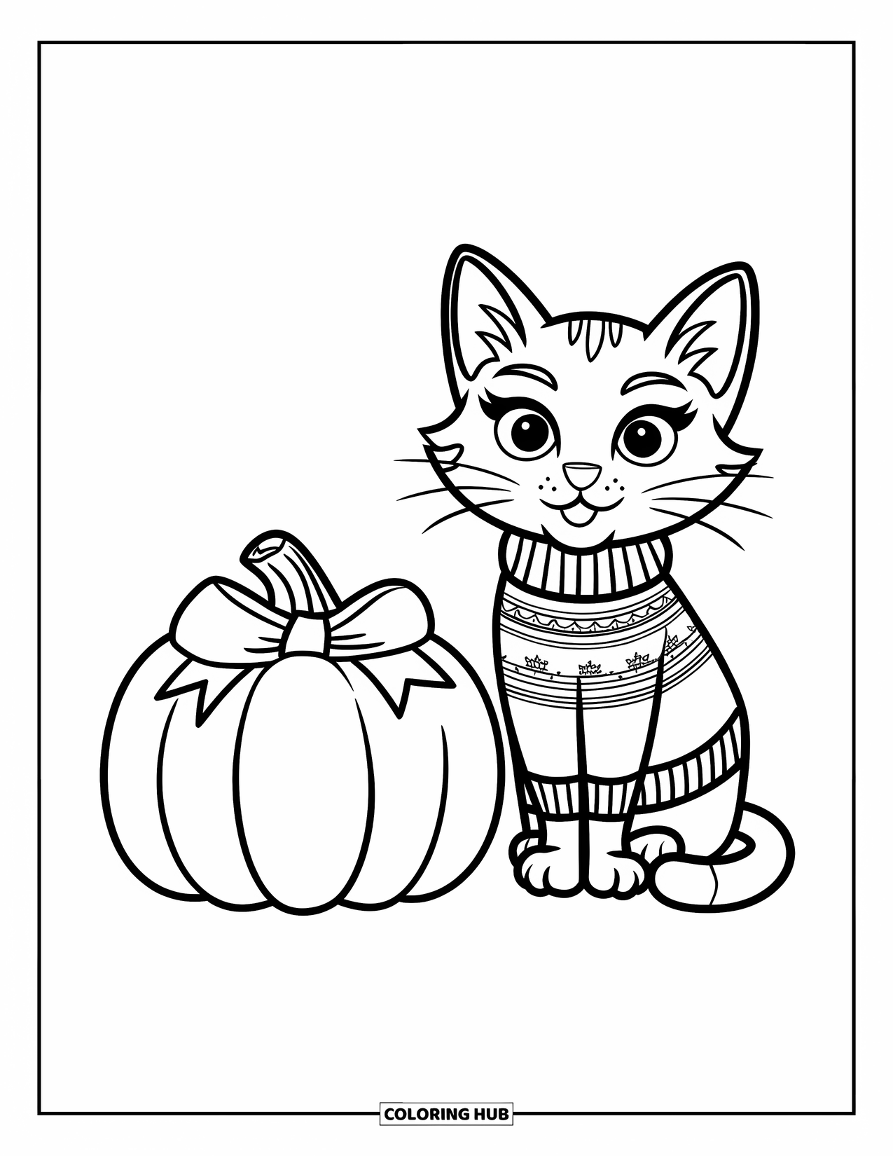Preppy Halloween Coloring Page for Kids: Sweater-wearing cat with a ribbon sits beside a smiling pumpkin