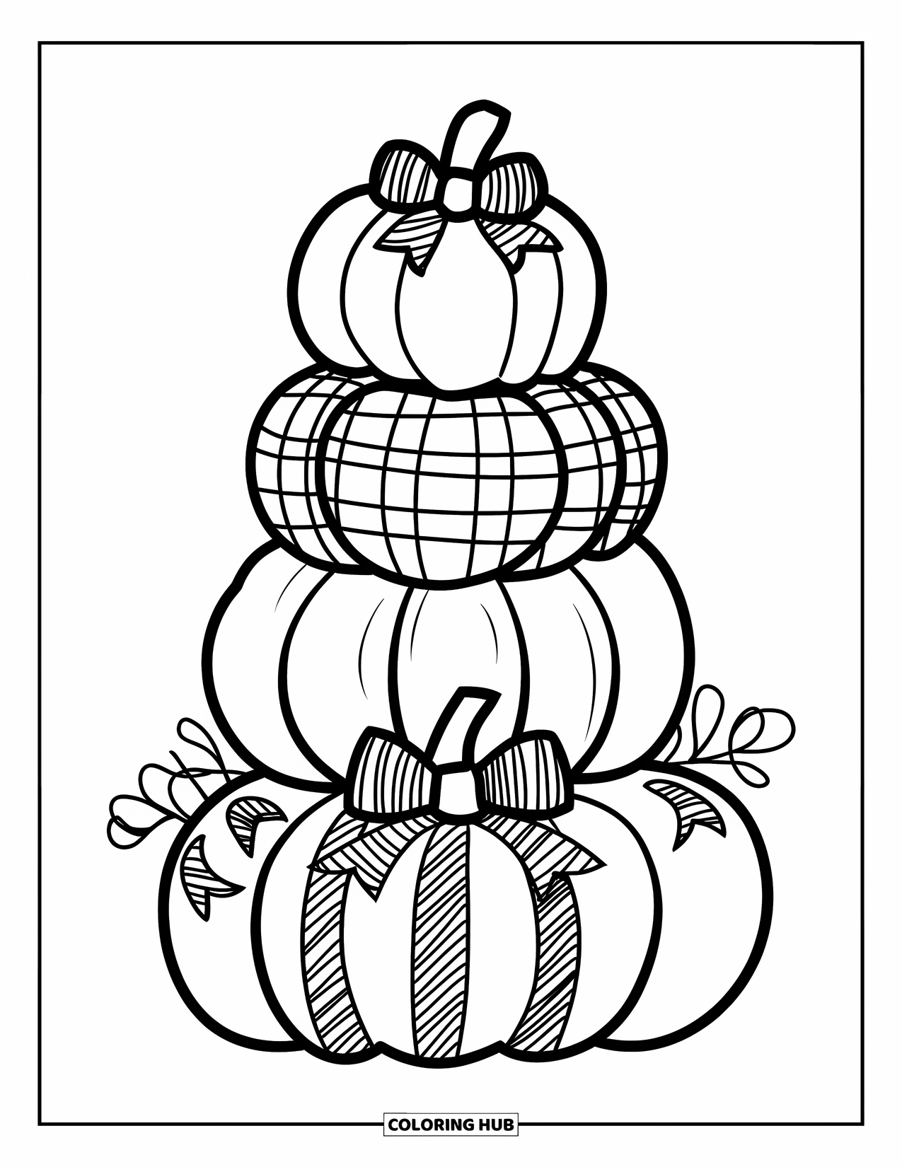Preppy Halloween Coloring Page for Kids: Three stacked pumpkins show off stylish patterns and sit on a wooden post