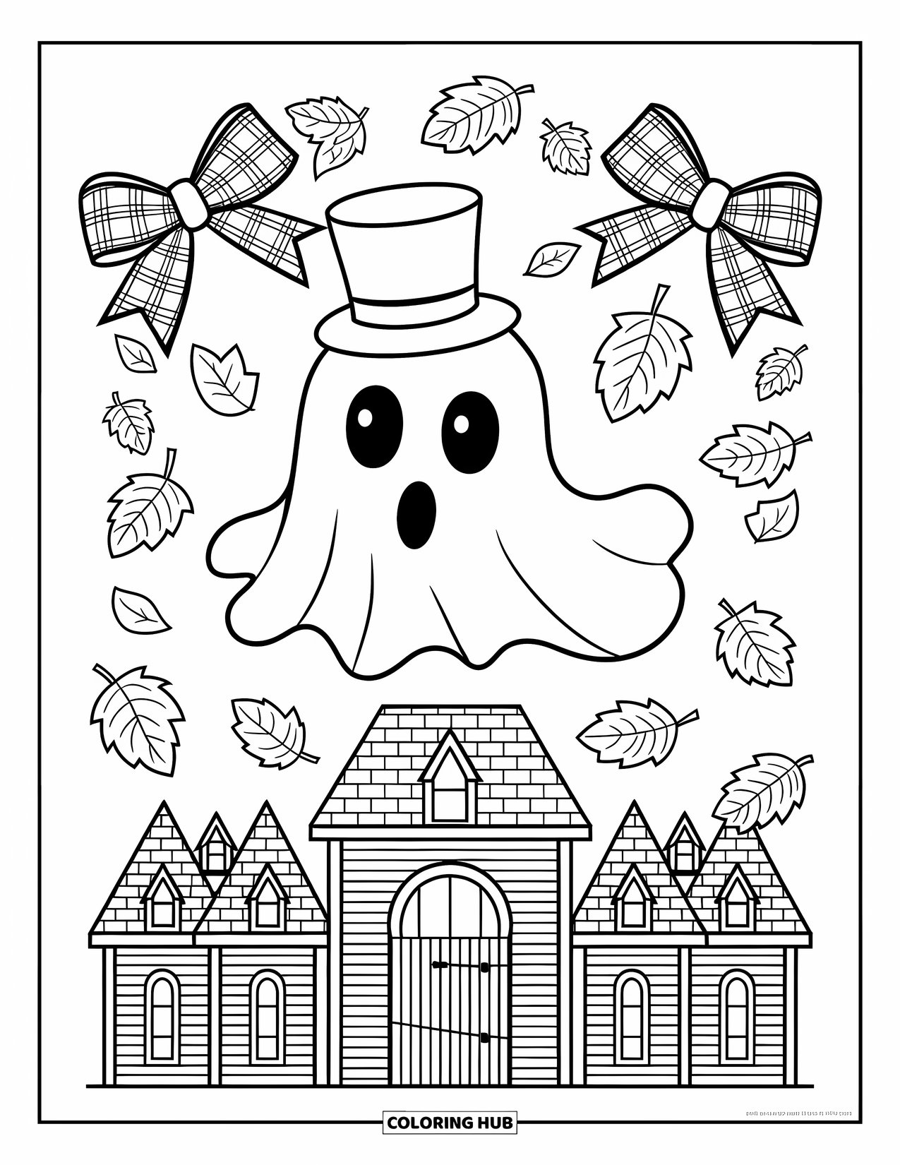 Preppy Halloween Coloring Page for Kids: Top-hatted ghost in a striped sweater floats beside plaid bows and falling leaves