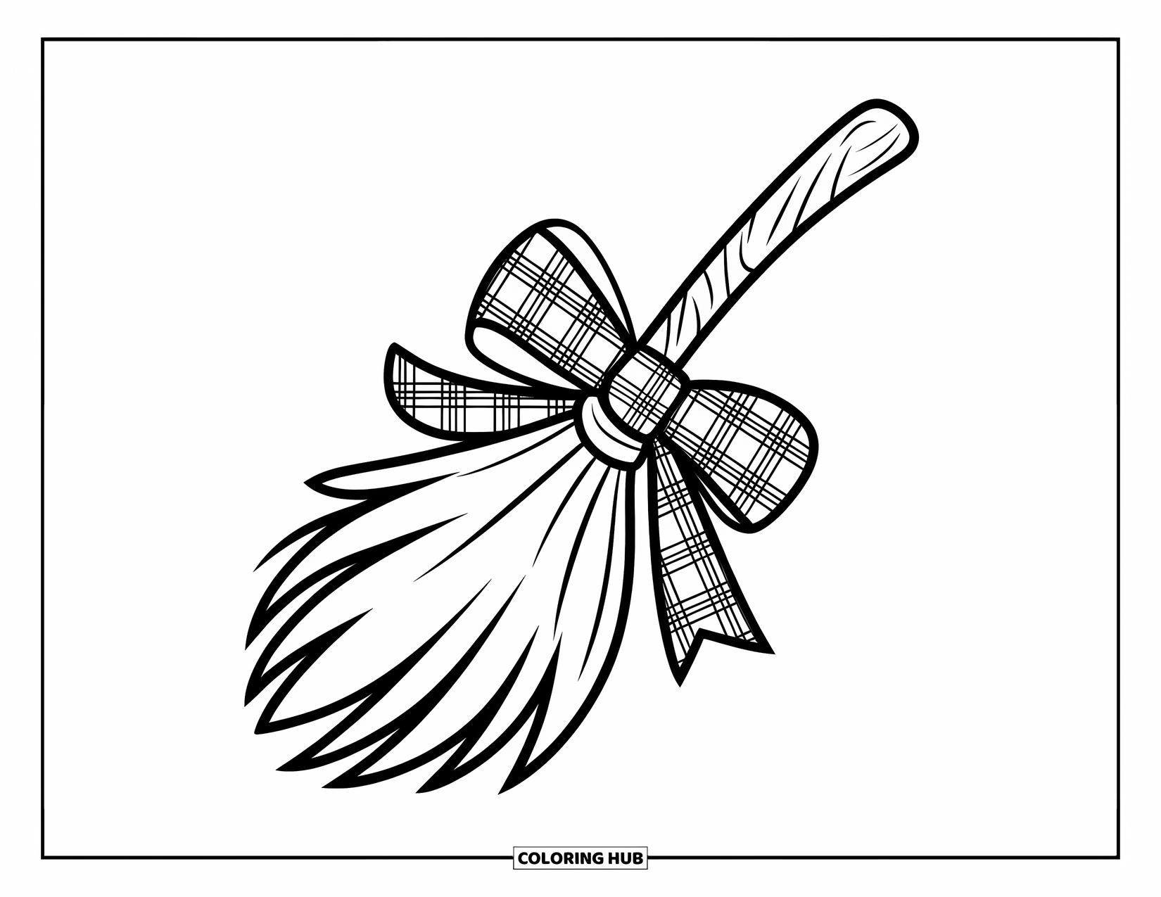 Preppy Halloween Coloring Page for Kids: Witch broom with a plaid bow floats above candy and ghost decorations