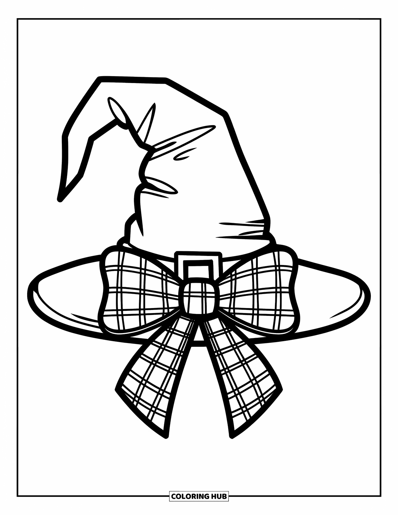 Preppy Halloween Coloring Page for Kids: Witch hat with a big plaid bow rests on a wooden stand