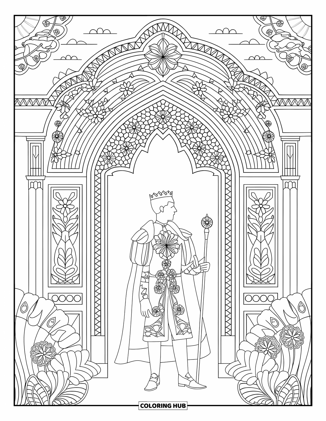 Prince Coloring Page for Adults: A crowned prince with scepter stands under a floral gateway with details