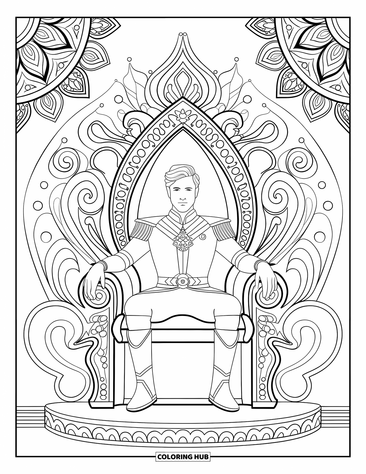 Prince Coloring Page for Adults: A majestic prince sits on a decorated throne surrounded by mandala designs