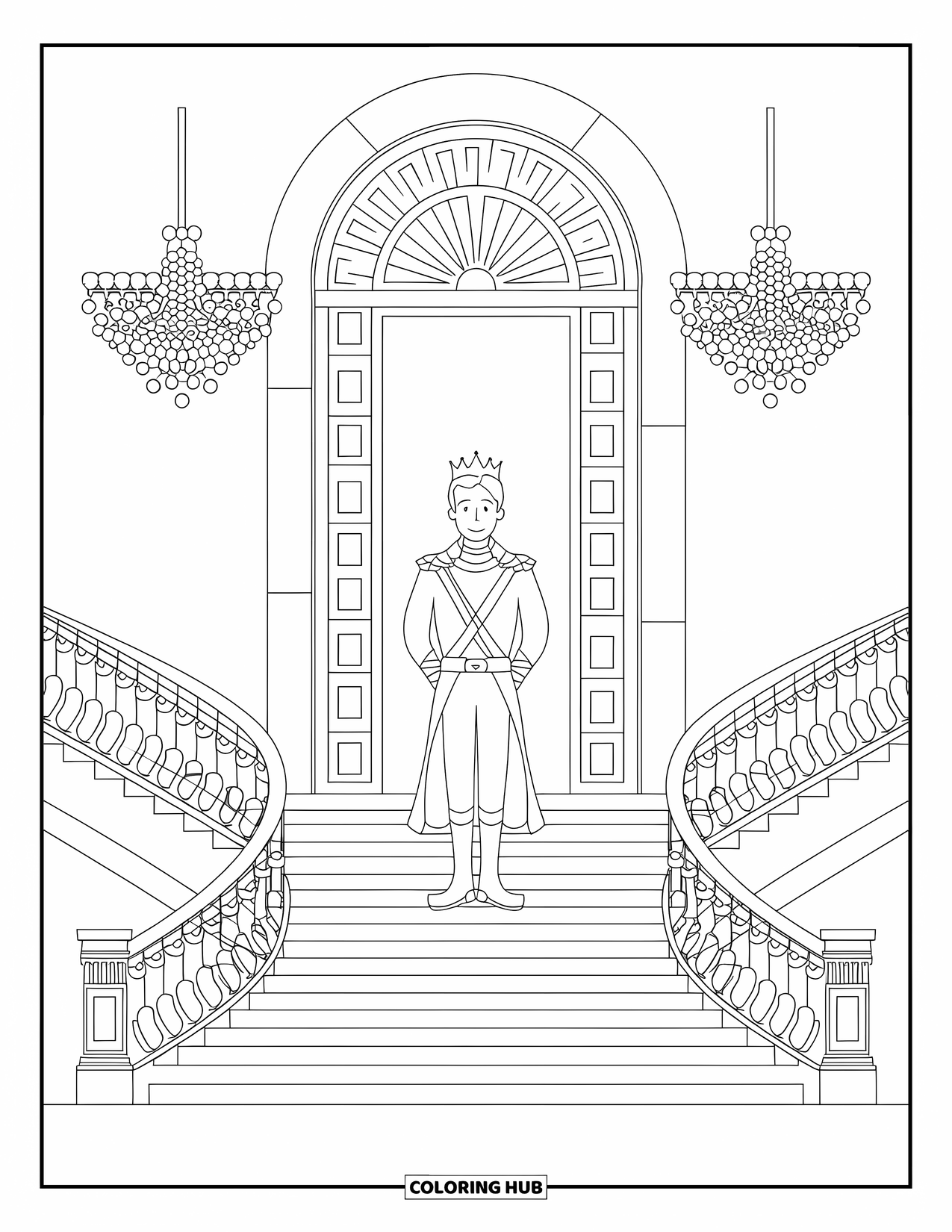 Prince Coloring Page for Adults: A prince in royal attire stands on a staircase before an arched doorway