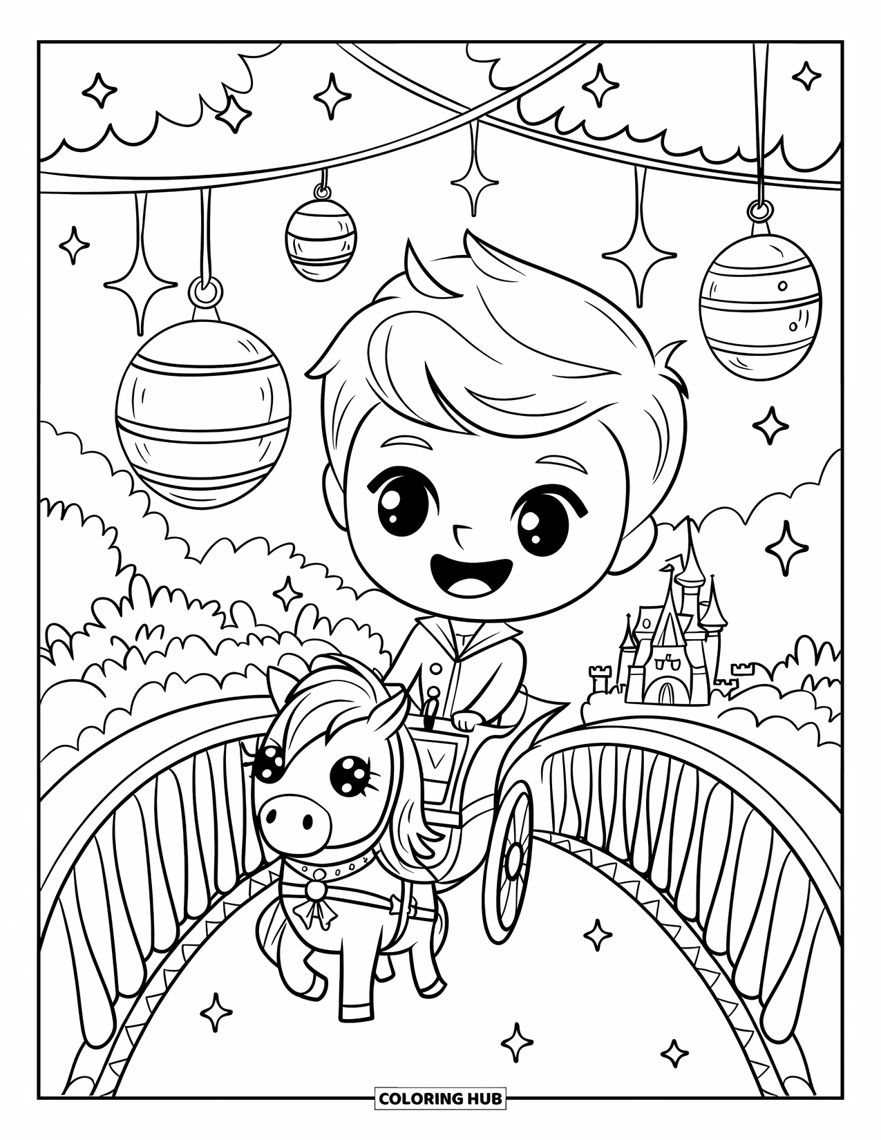 Prince Coloring Page for Adults: A prince rides a pony carriage through a bridge with lanterns and sparkles