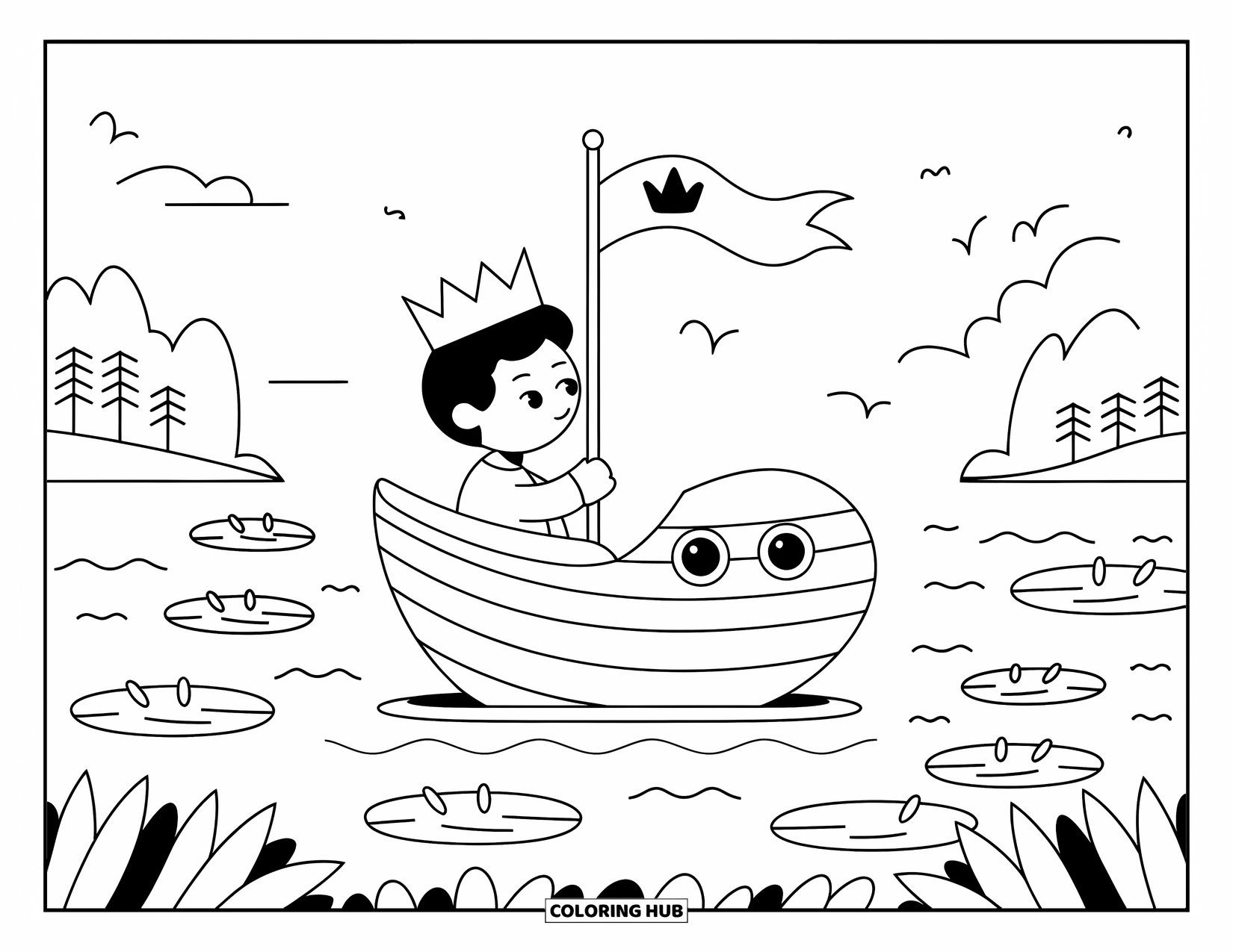Prince Coloring Page for Adults: A prince sails a toy ship with a crown flag near mountains and trees