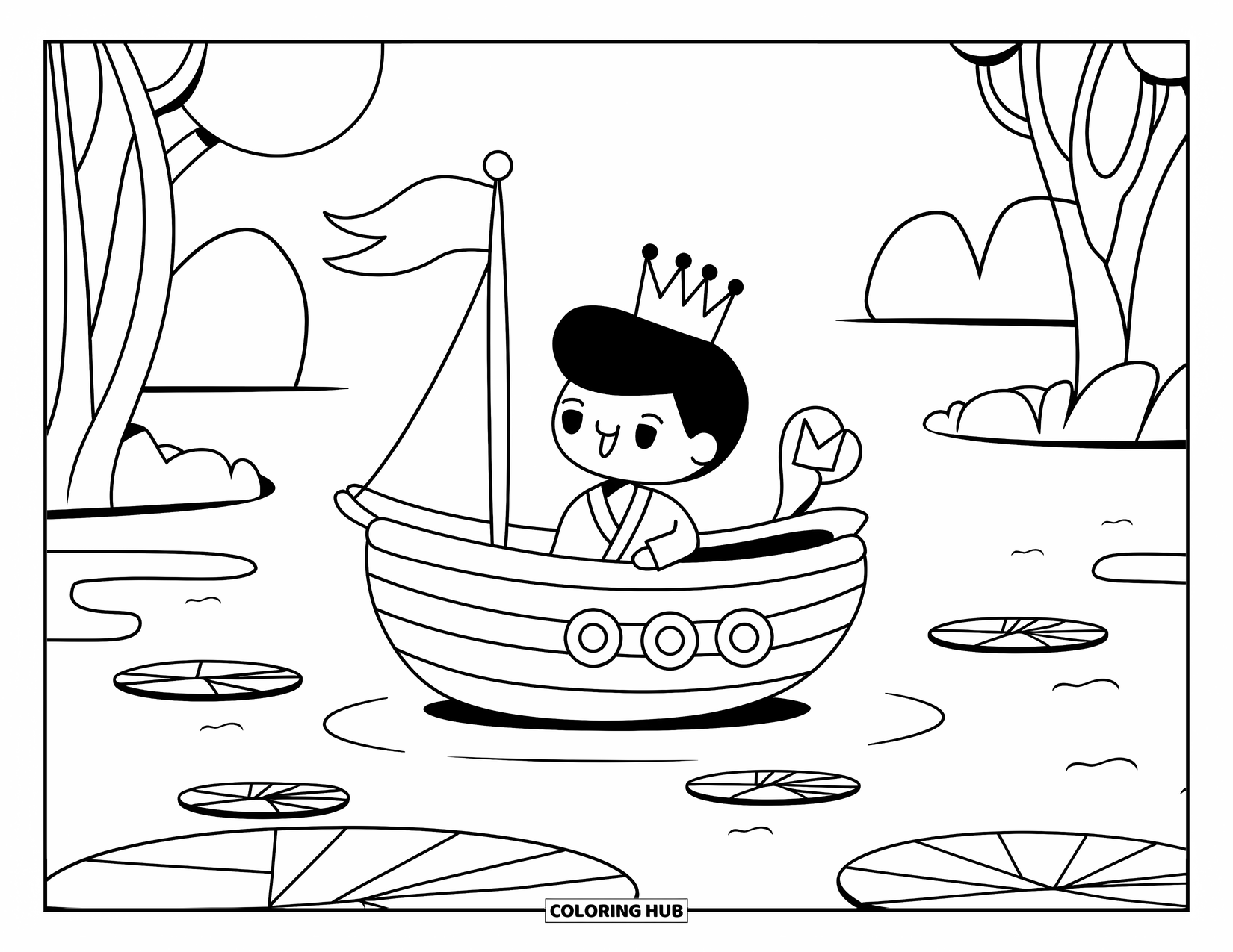 Prince Coloring Page for Adults: A prince sails a toy ship with a crown flag surrounded by lily pads